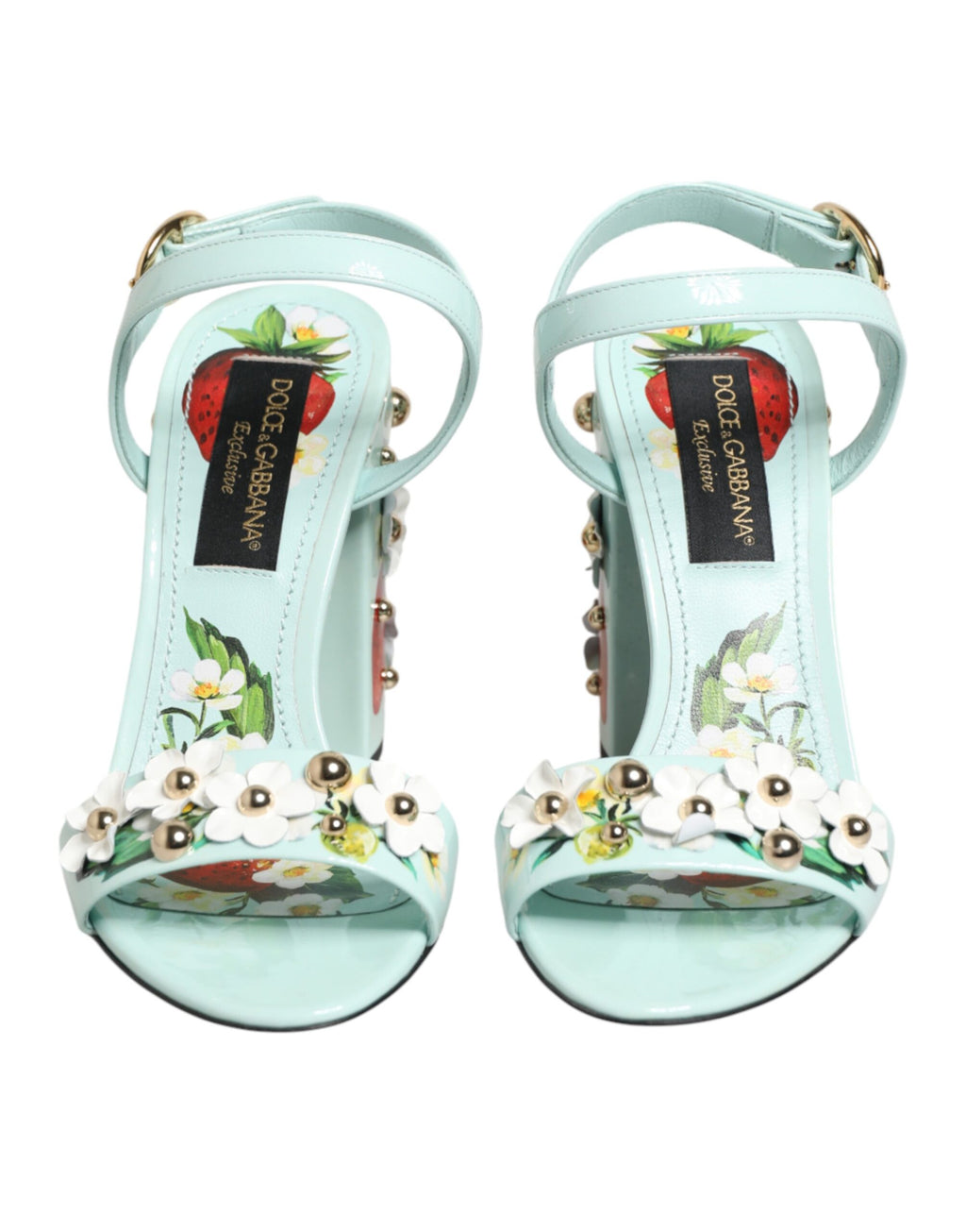 Sandales à talons Dolce & Gabbana vert menthe avec motifs floraux et brides, vue de face.