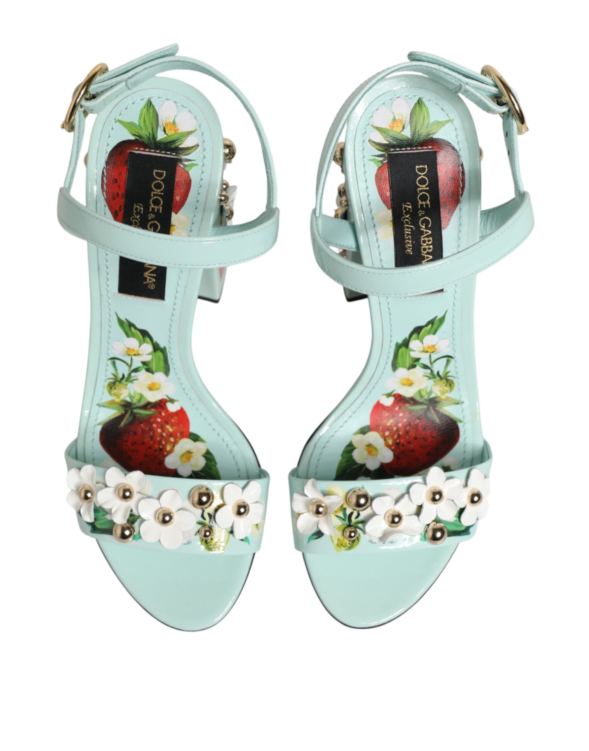 Sandales Dolce & Gabbana à talons mint vert avec motifs floraux, chaussures élégantes pour femmes.