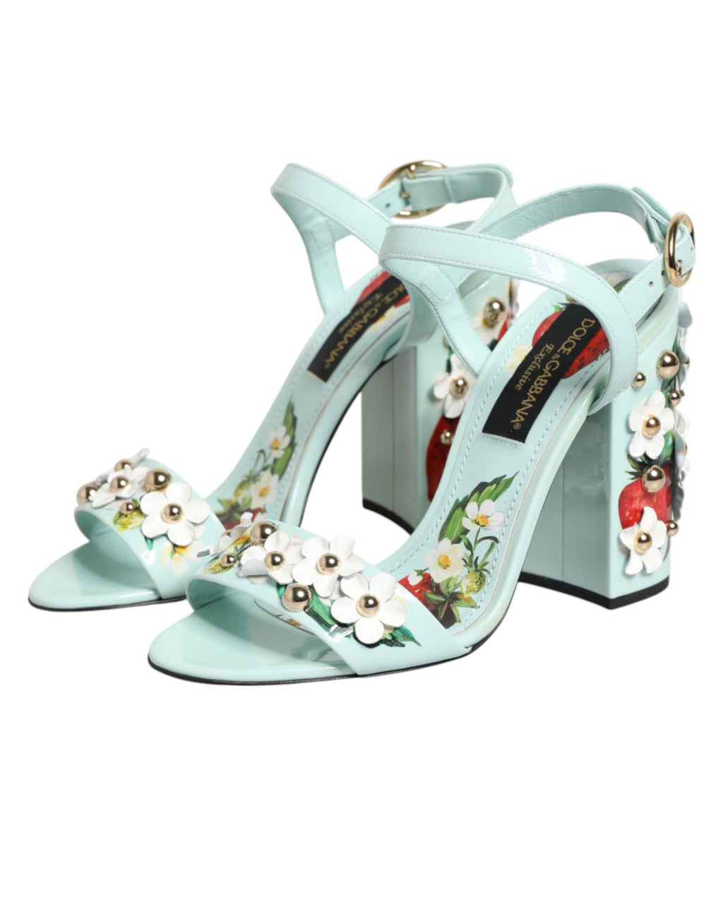 Sandales à talons Dolce & Gabbana vert menthe avec motifs floraux, chaussures élégantes et confortables pour femmes.