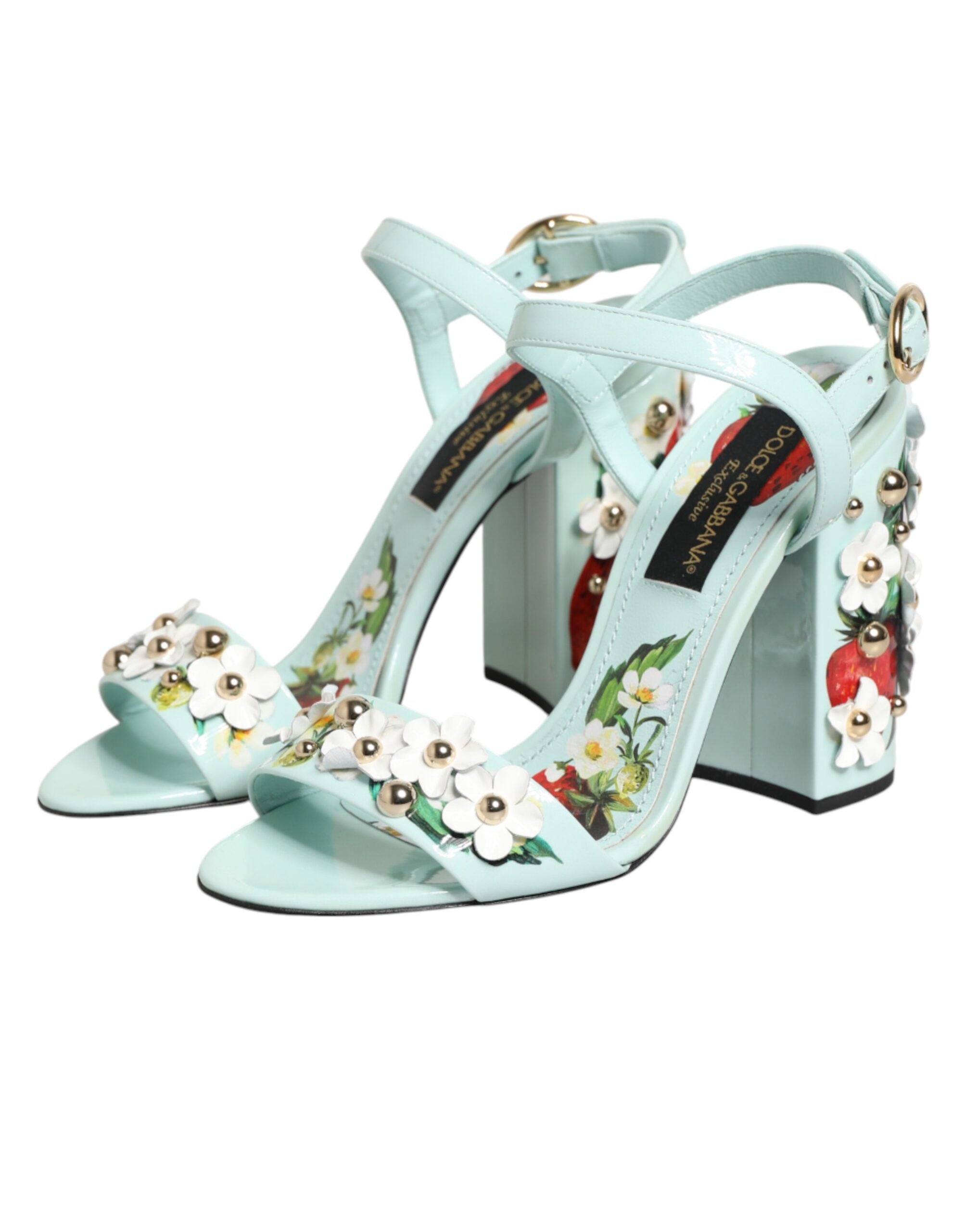 Sandales à talons Dolce & Gabbana vert menthe avec motifs floraux, chaussures élégantes et confortables pour femmes.