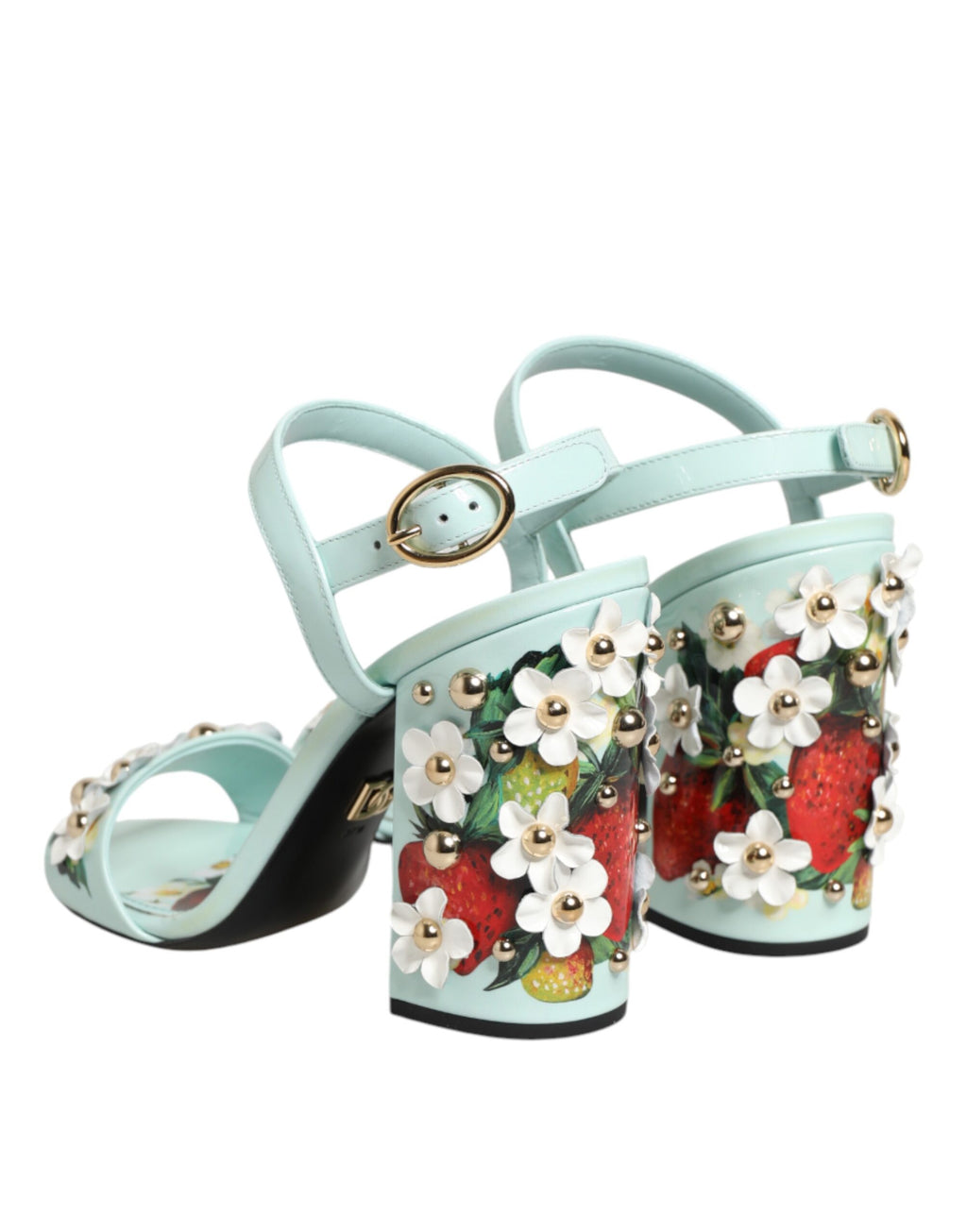 Sandales à talons Dolce & Gabbana vert menthe avec fleurs, chaussures élégantes à talons pour femmes.