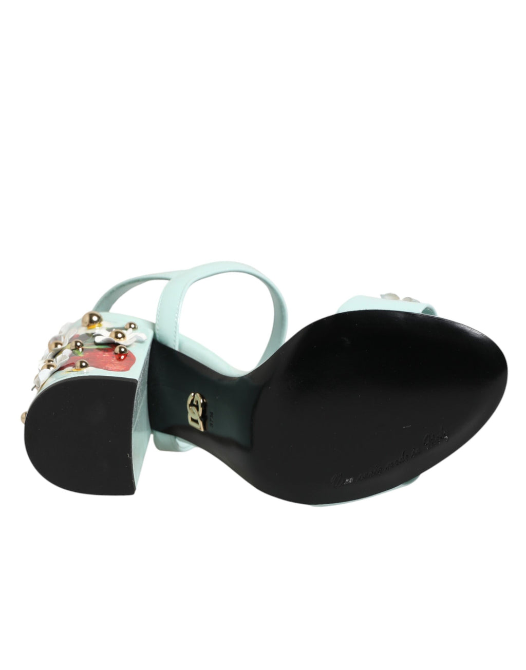 Sandales à talons Dolce & Gabbana vert menthe avec motifs floraux et brides, chaussures élégantes et colorées.