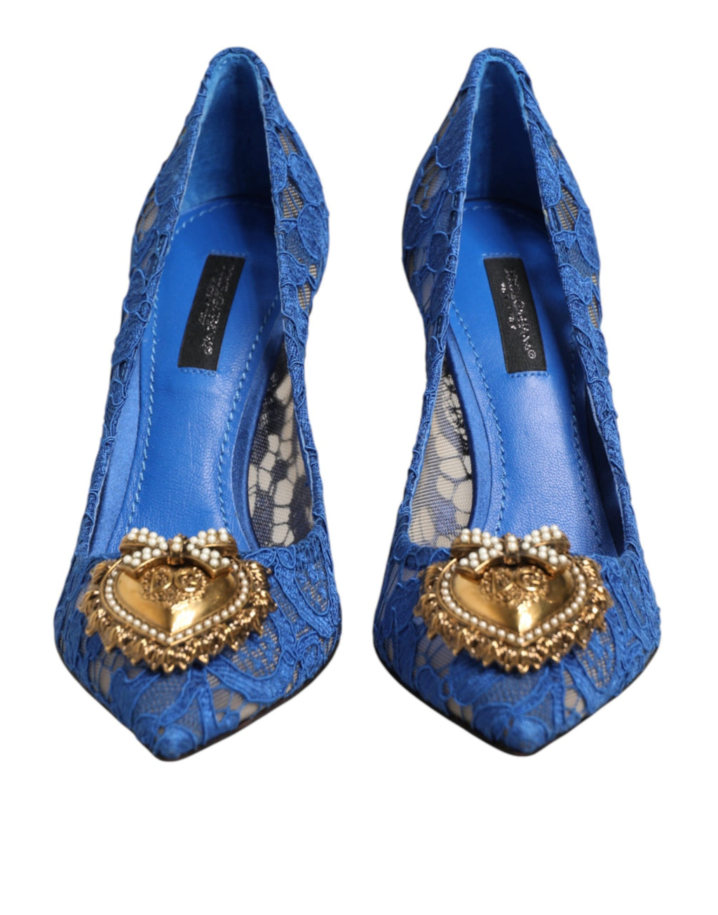 Chaussures Dolce & Gabbana Blue Taormina Lace DEVOTION, escarpins en dentelle bleue avec talons élégants.