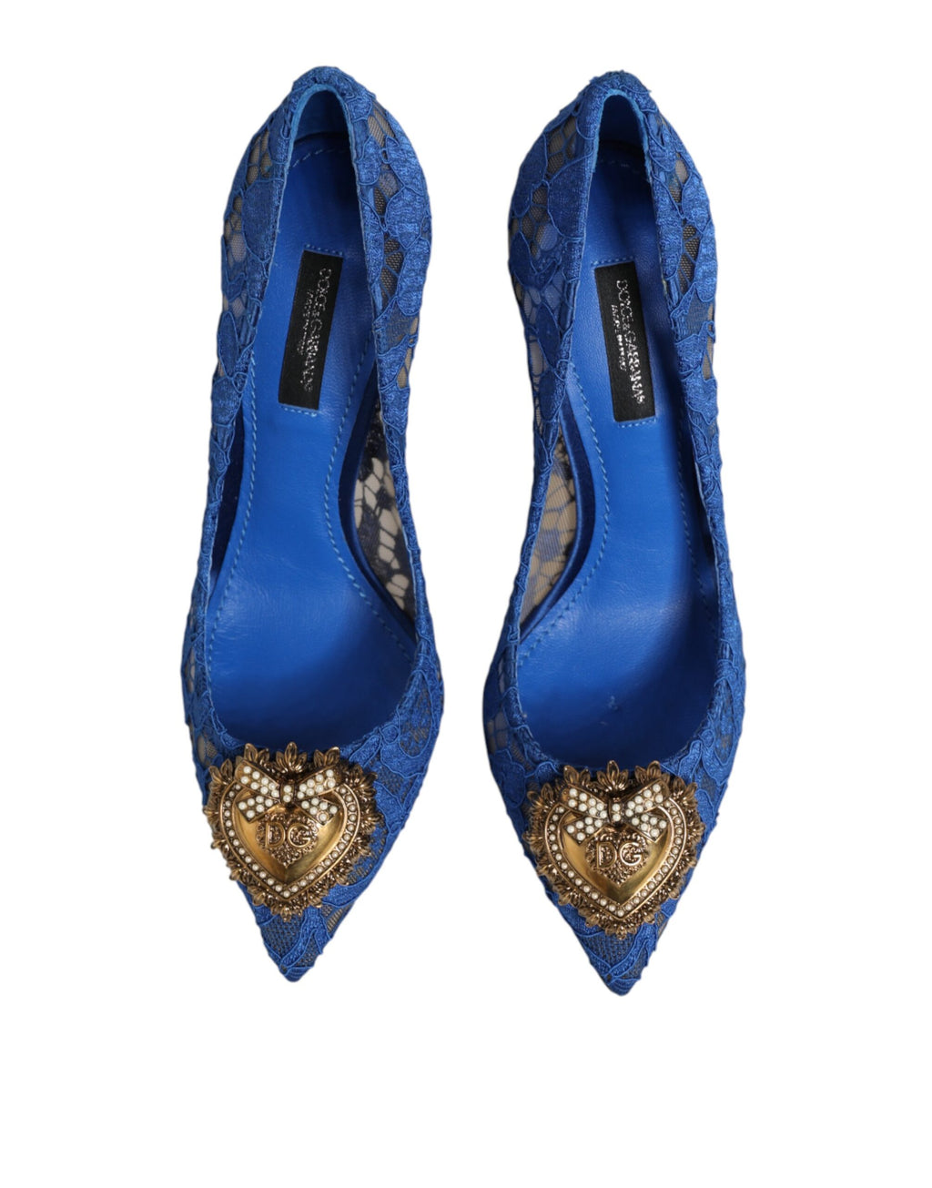 Chaussures à talons Dolce & Gabbana Blue Taormina Lace DEVOTION avec dentelle bleue élégante et design sophistiqué.