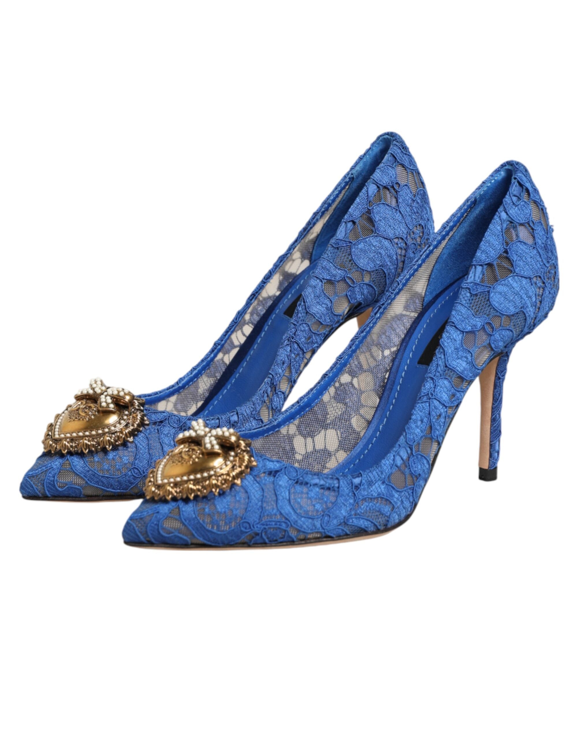 Chaussures à talons Dolce & Gabbana Blue Taormina Lace DEVOTION, élégantes escarpins en dentelle bleue.