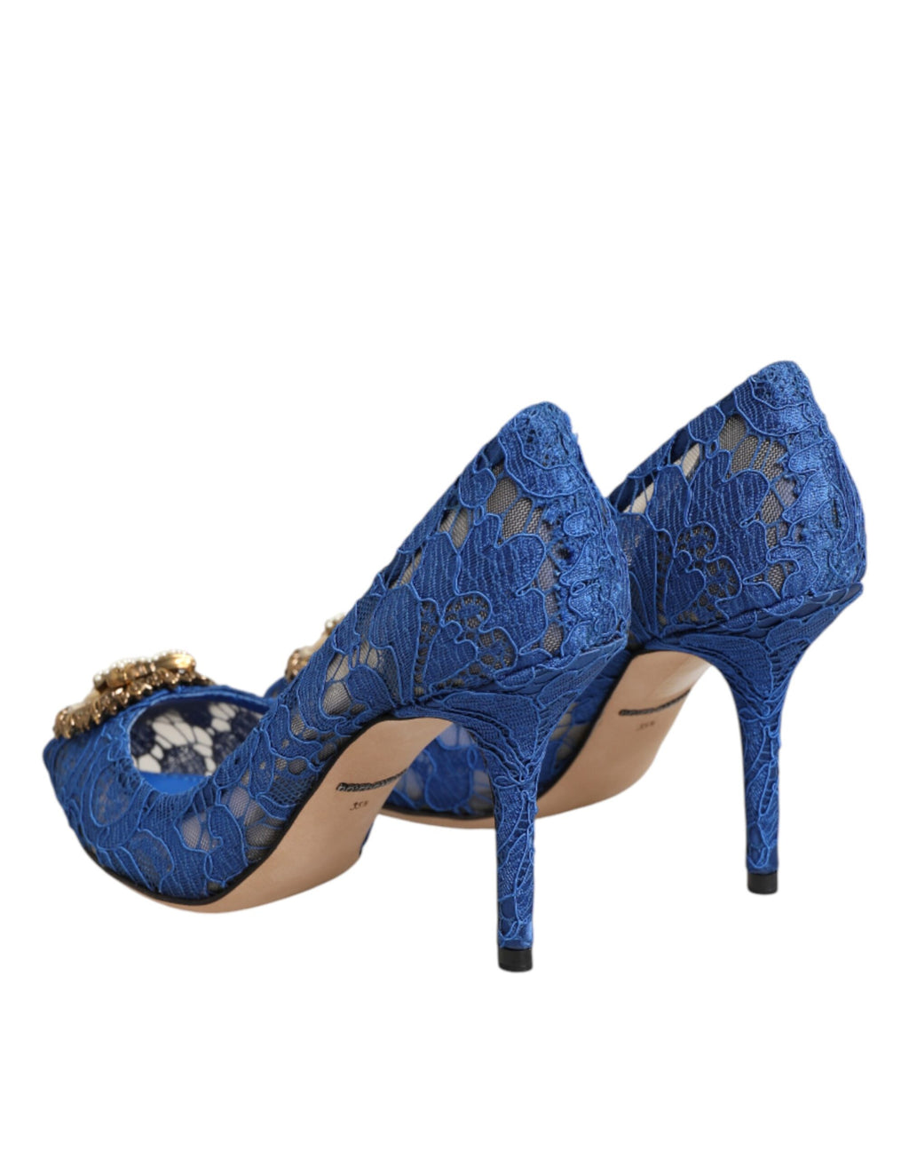 Escarpins Dolce & Gabbana Blue Taormina Lace DEVOTION avec détails en dentelle et talons élégants, vue de face.