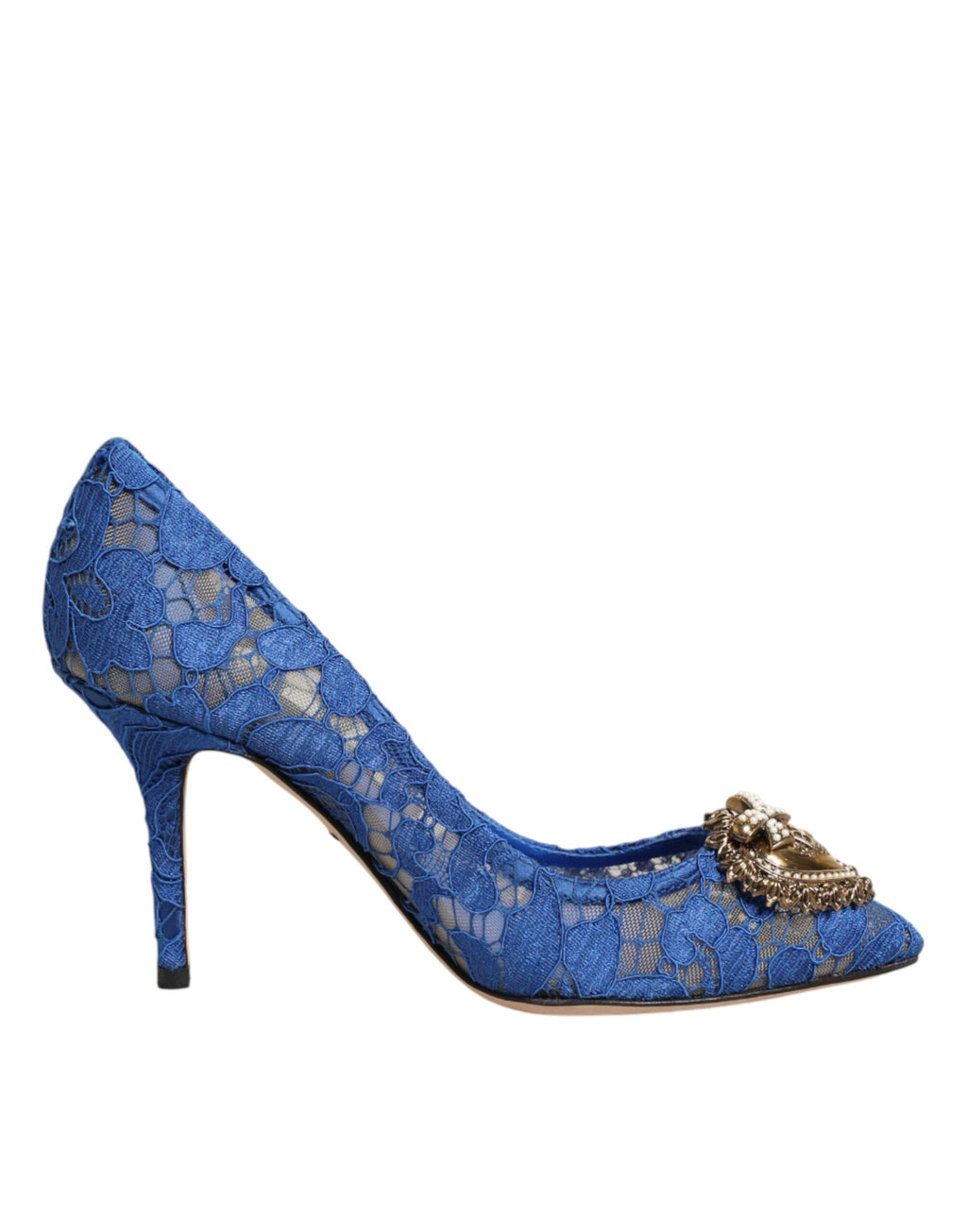 Chaussures à talons Dolce & Gabbana Taormina Lace DEVOTION en dentelle bleue, vue de côté.