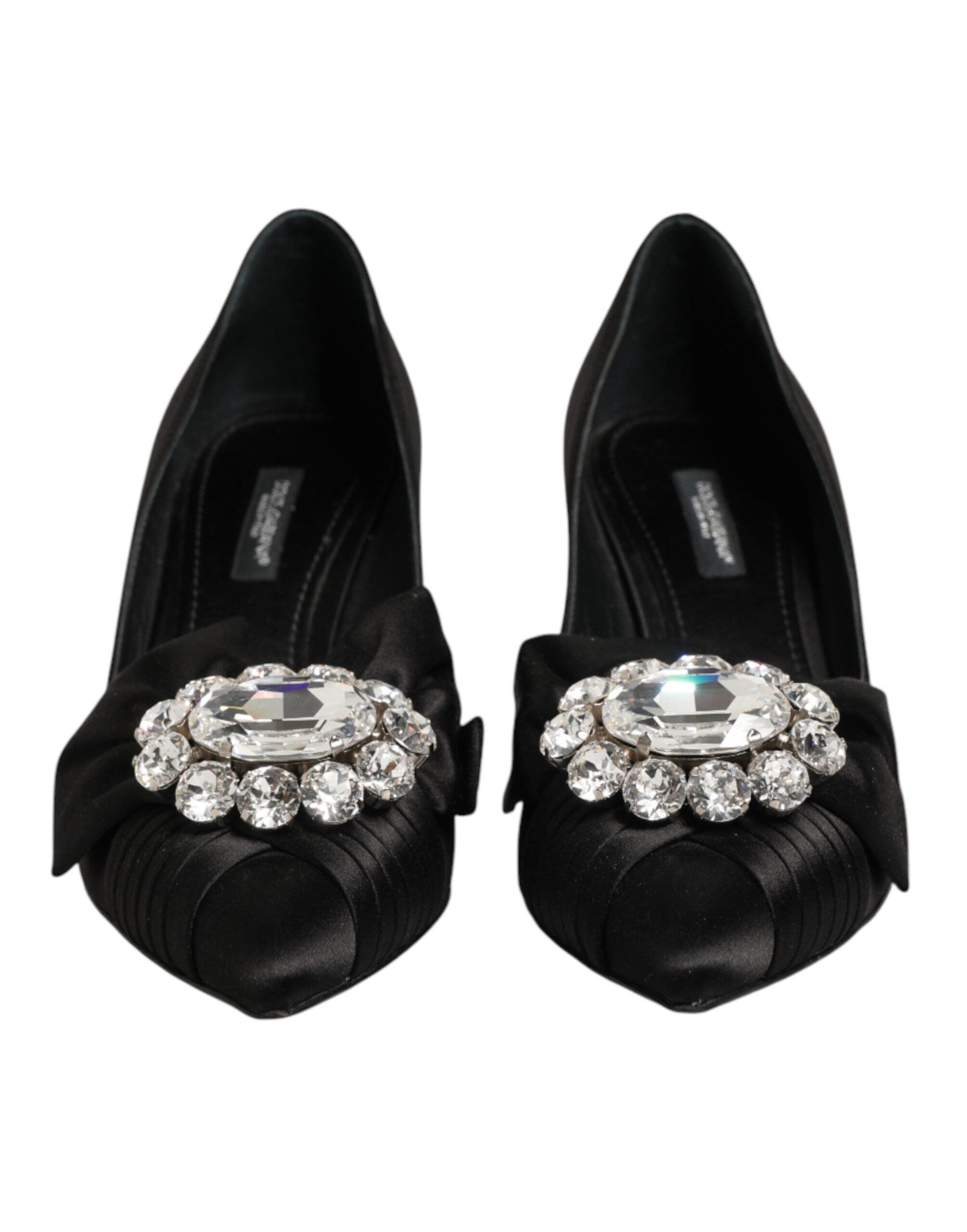 Chaussures Dolce & Gabbana en satin noir avec nœud et embellissements en cristaux, chaussures élégantes pour femmes.