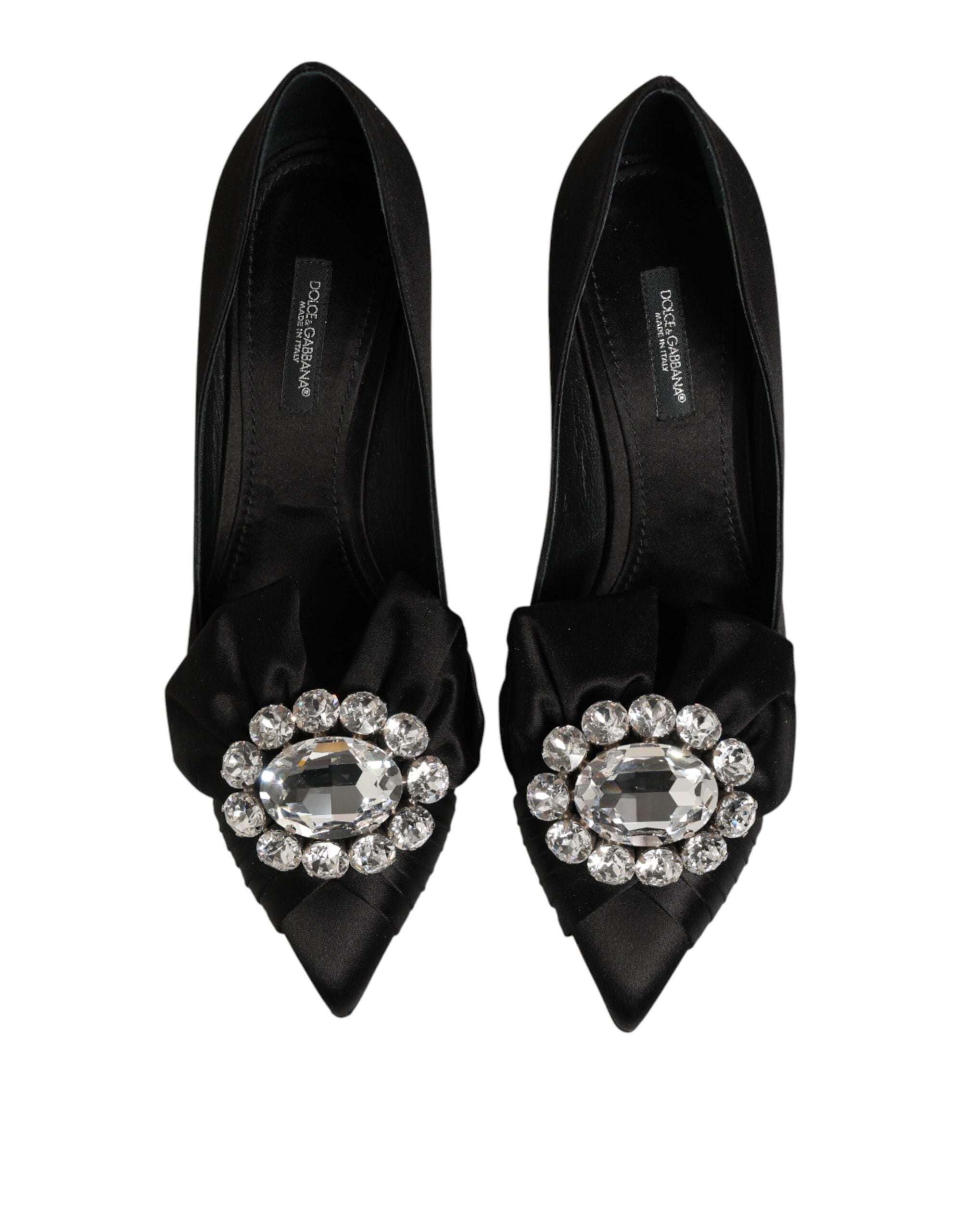 Chaussures Dolce & Gabbana en satin noir avec nœud et cristaux, élégantes escarpins à talons pour femmes