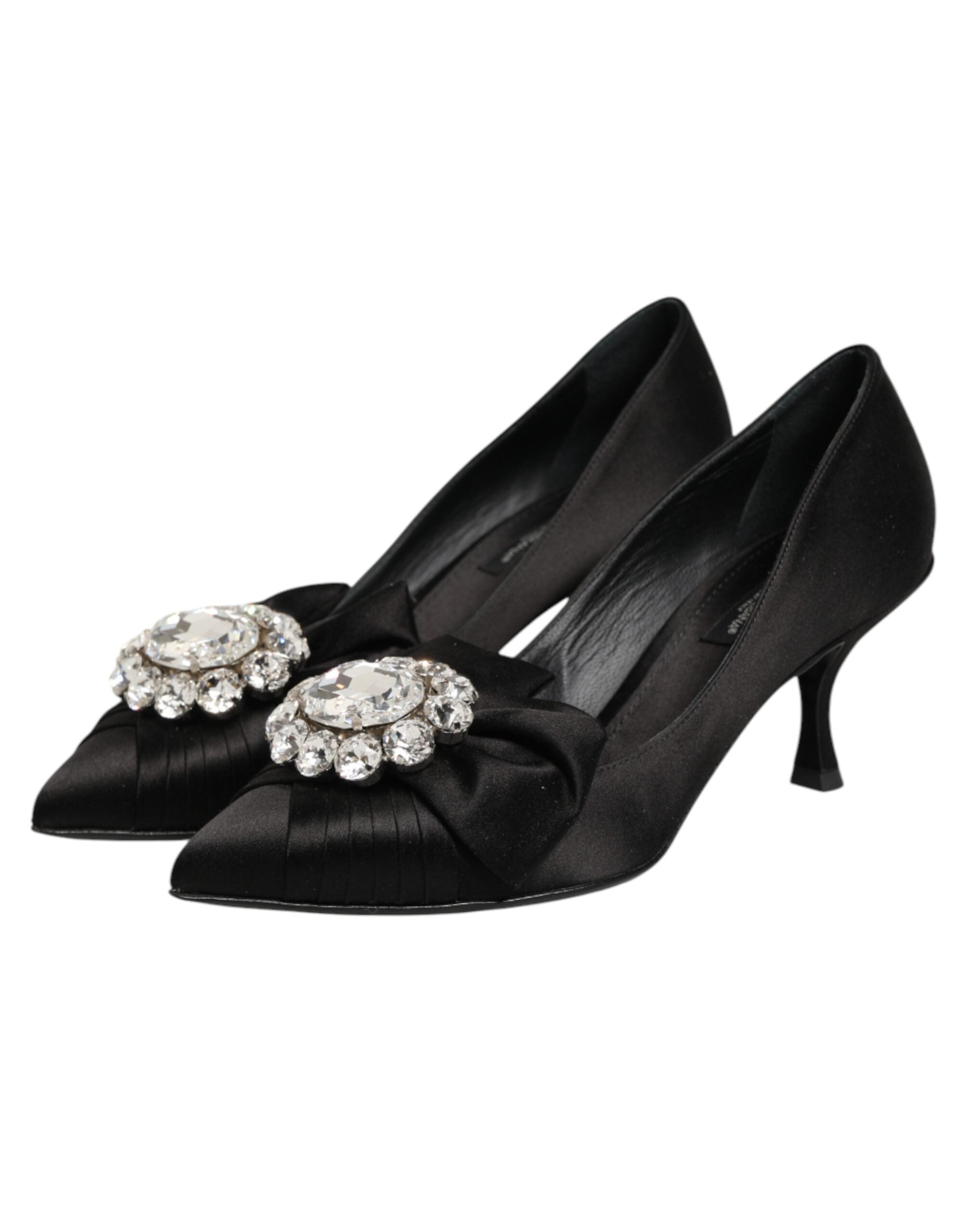 Chaussures Dolce & Gabbana en satin noir avec nœud, embellies de cristaux, talons élégants pour femme.