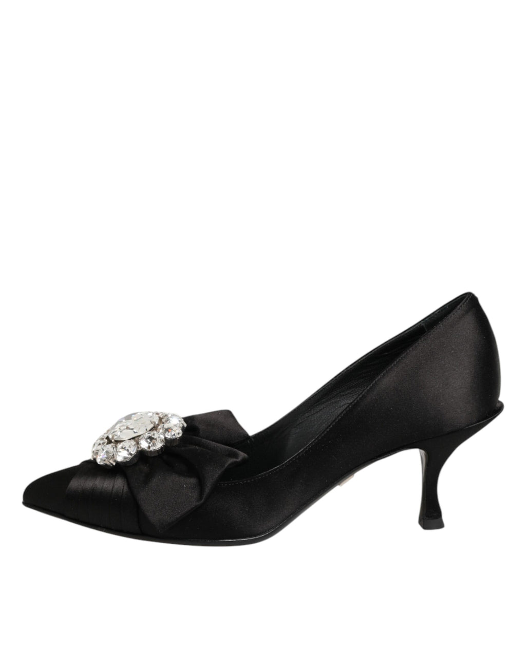 Chaussures Dolce & Gabbana à talons en satin noir avec nœud en satin et embellissements en cristal, style élégant et sophistiqué.