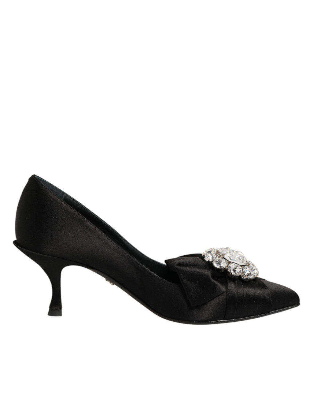 Escarpins en satin noir Dolce & Gabbana avec nœud en satin et embellissements en cristal, élégants chaussures à talons hauts.