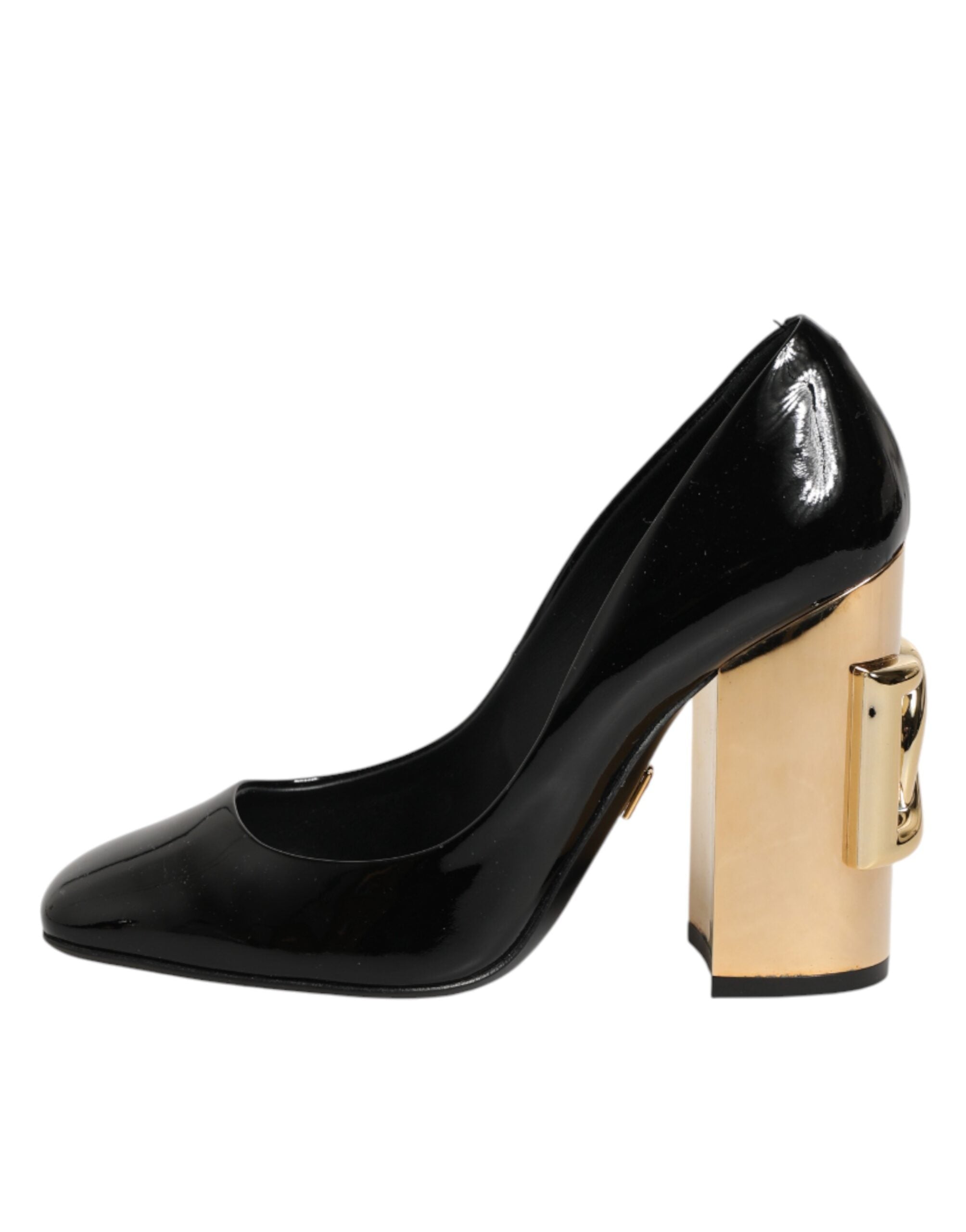 Chaussures à talons Dolce & Gabbana, escarpins en cuir verni noir et or avec logo doré, élégants et sophistiqués.