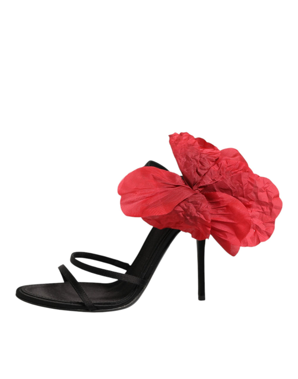 Sandales à talons Dolce & Gabbana en cuir noir avec lanières et motif floral, chaussure élégante pour femmes.