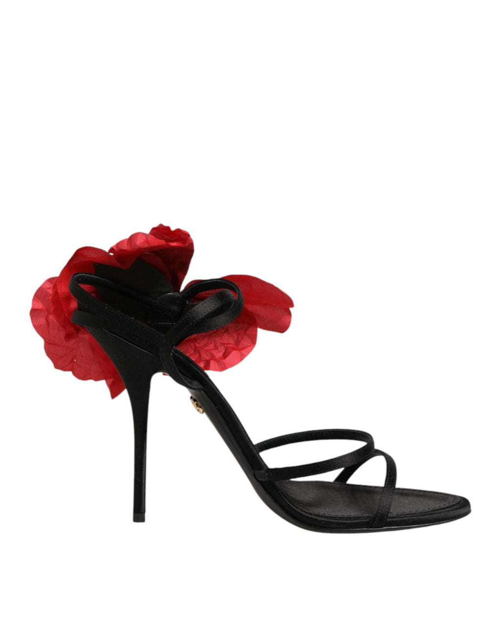 Sandales à talons noires Dolce & Gabbana en cuir avec brides et motifs floraux, élégantes et sophistiquées.