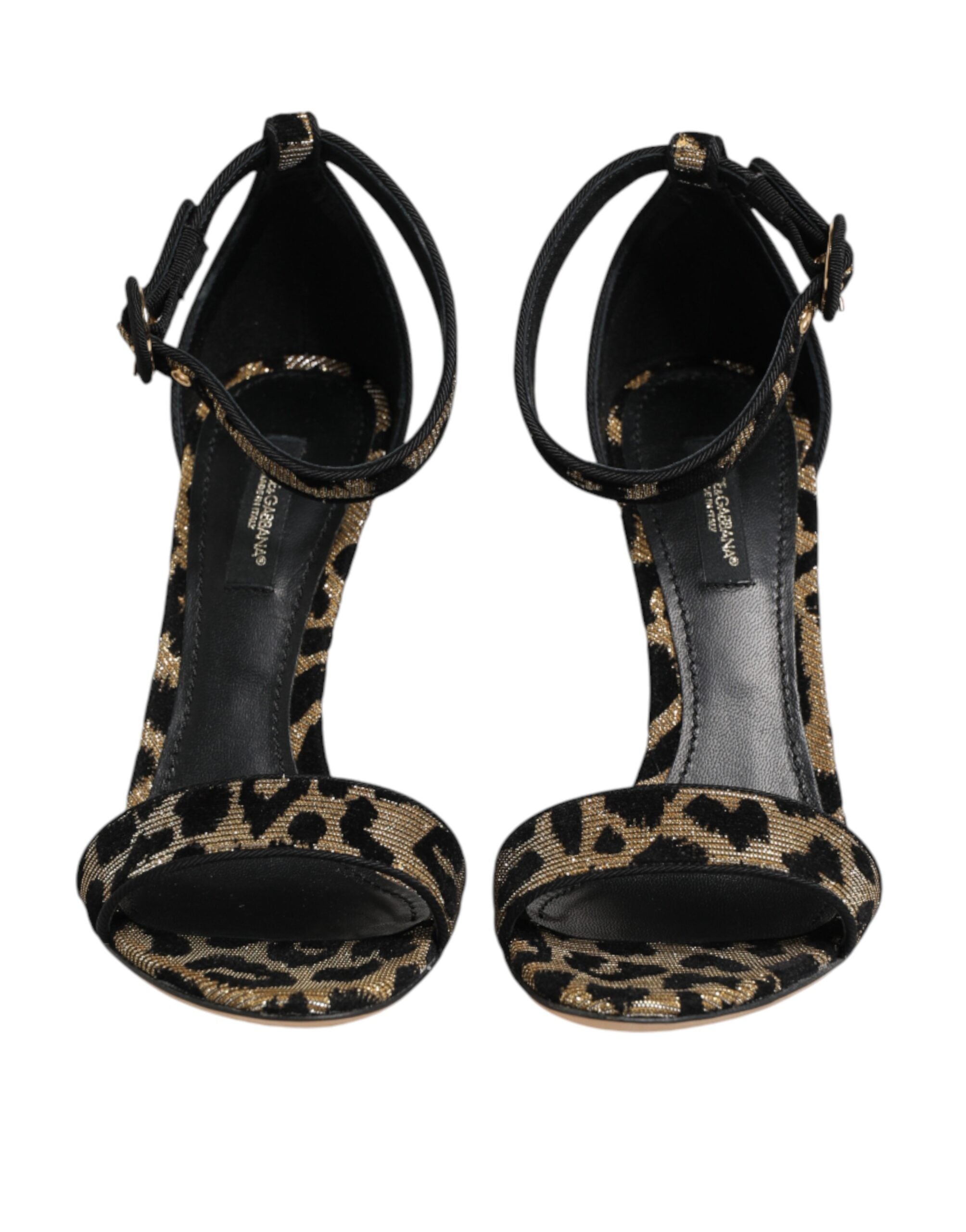 Sandales à talons Dolce & Gabbana or avec bride à la cheville et motif léopard, chaussures élégantes pour femmes.