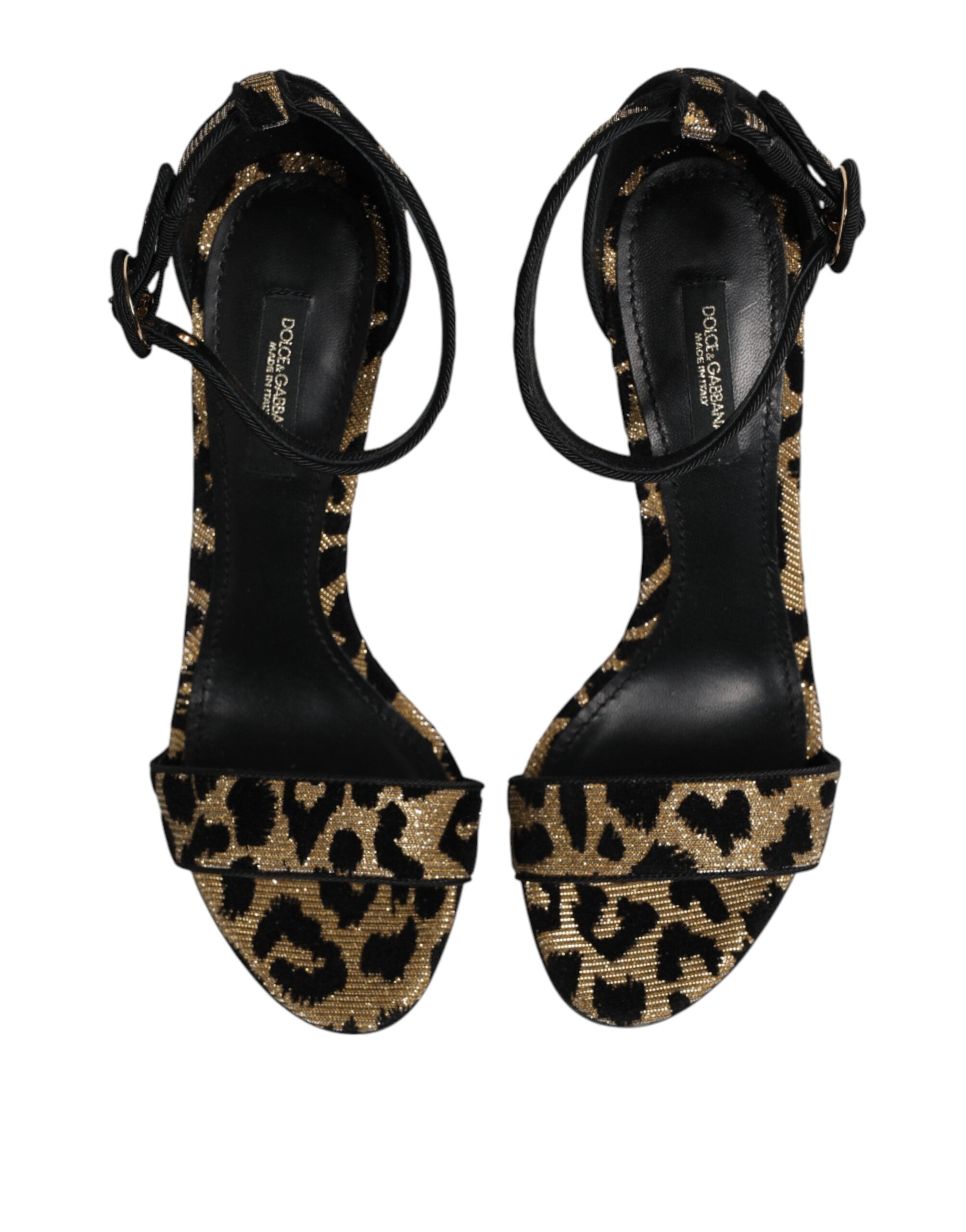 Chaussures à talons Dolce & Gabbana or léopard avec bride à la cheville, sandales élégantes en cuir imprimé léopard.