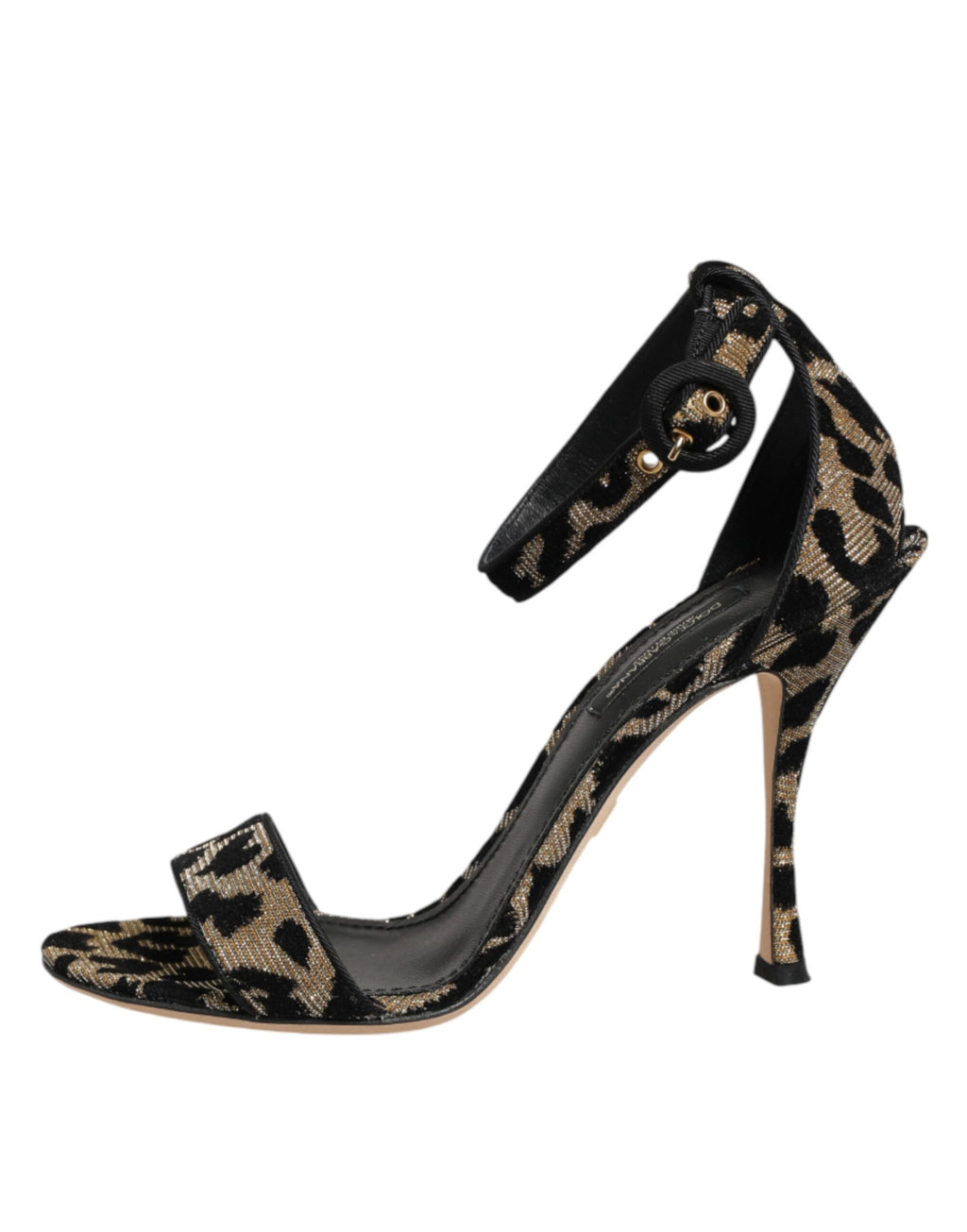 Chaussures à talons Dolce & Gabbana or avec bride à la cheville et motif léopard, sandales élégantes en cuir.