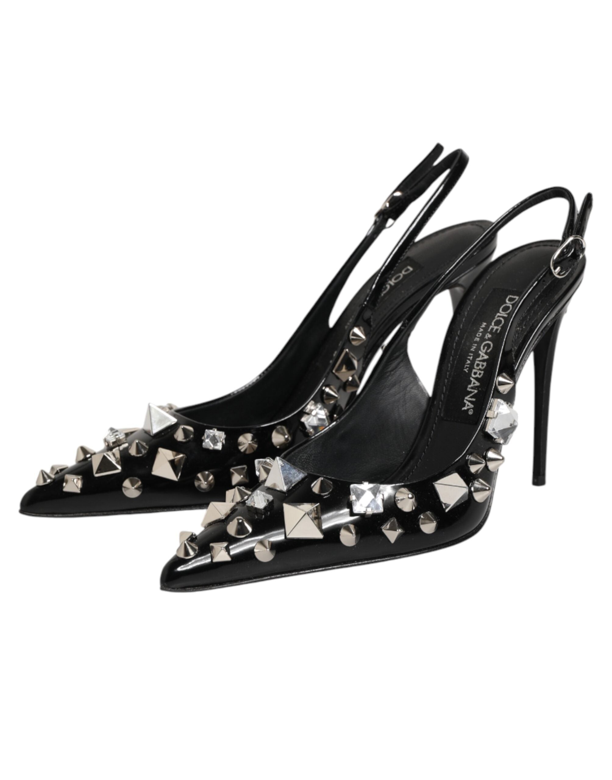 Chaussures à talons noires Dolce & Gabbana en cuir avec clous, sandales slingbacks élégantes et sophistiquées.