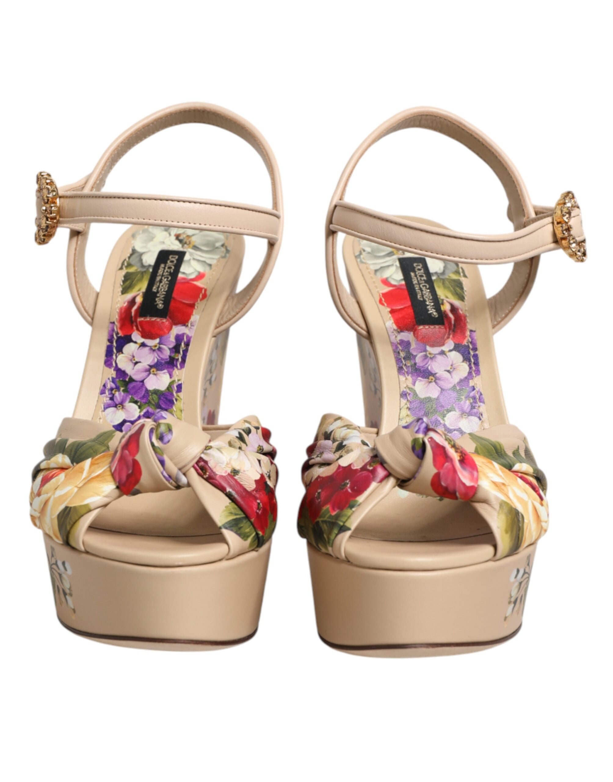 Sandales compensées beige à fleurs avec bride à la cheville de Dolce & Gabbana, chaussures élégantes et confortables.