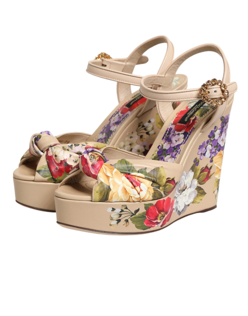 Sandales compensées Dolce & Gabbana beige à fleurs avec bride à la cheville, vue de côté