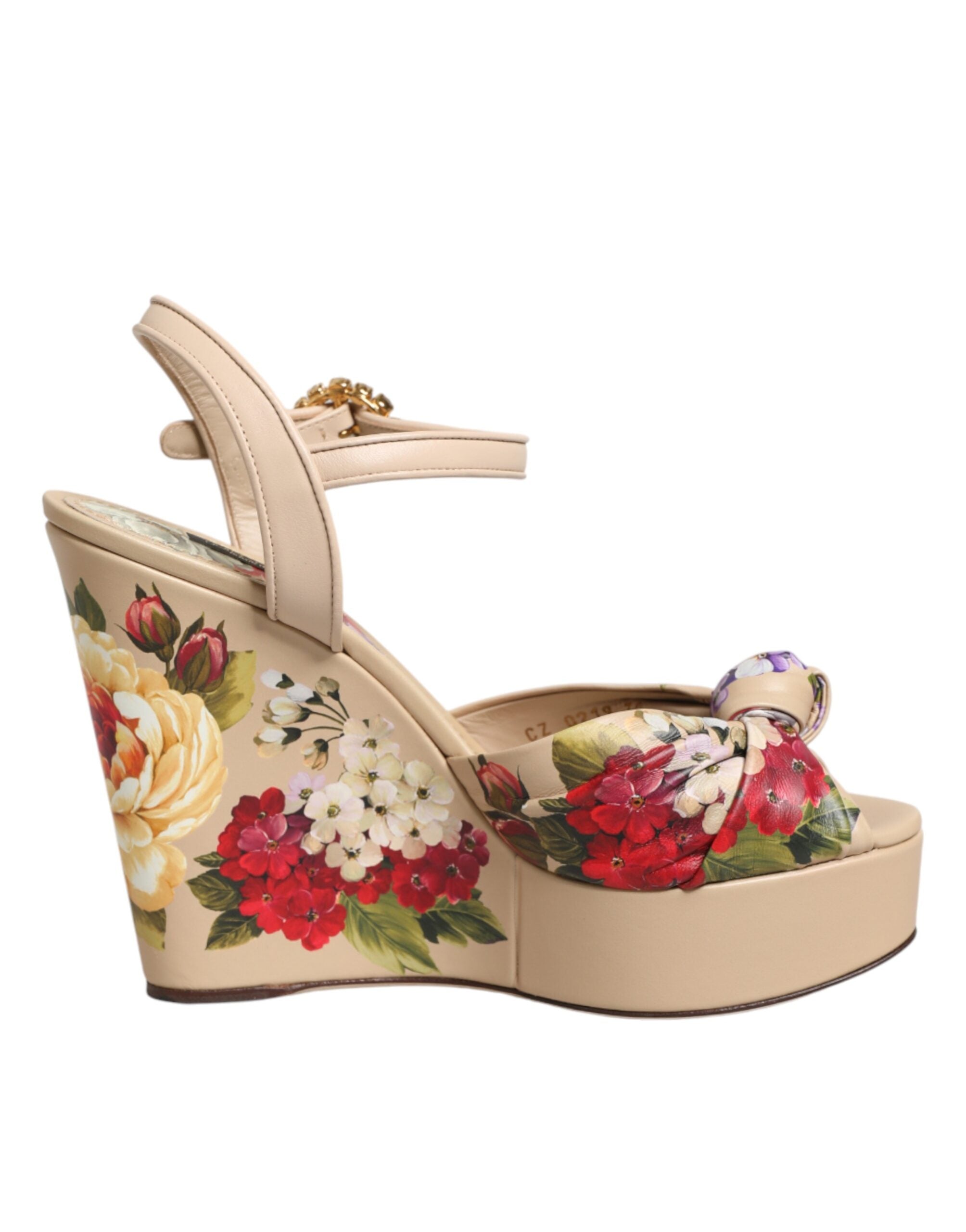Sandales à talons compensés Dolce & Gabbana beige à fleurs avec bride à la cheville, chaussures élégantes et confortables