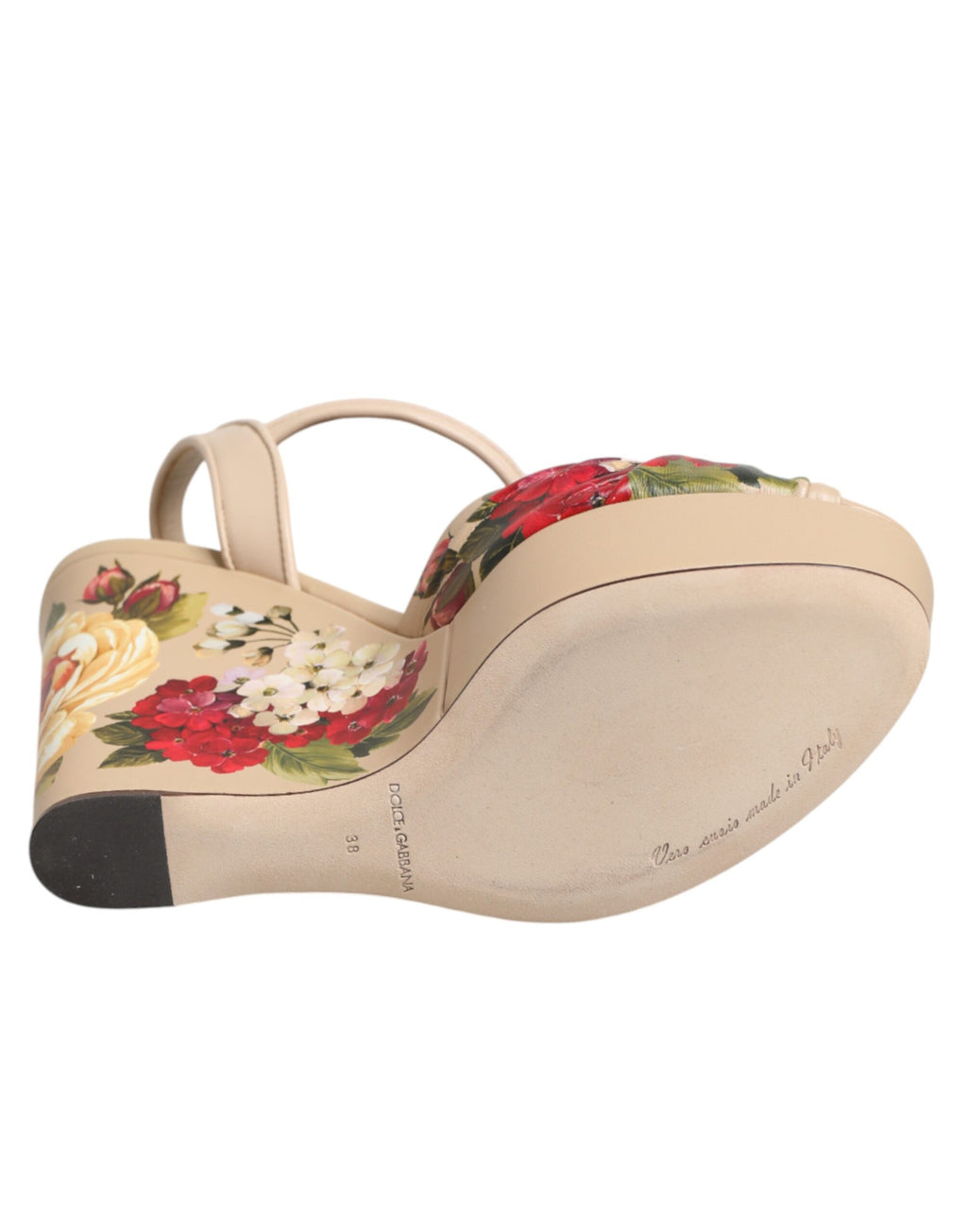 Sandales compensées beige à fleurs Dolce & Gabbana avec bride à la cheville, chaussures élégantes et confortables.