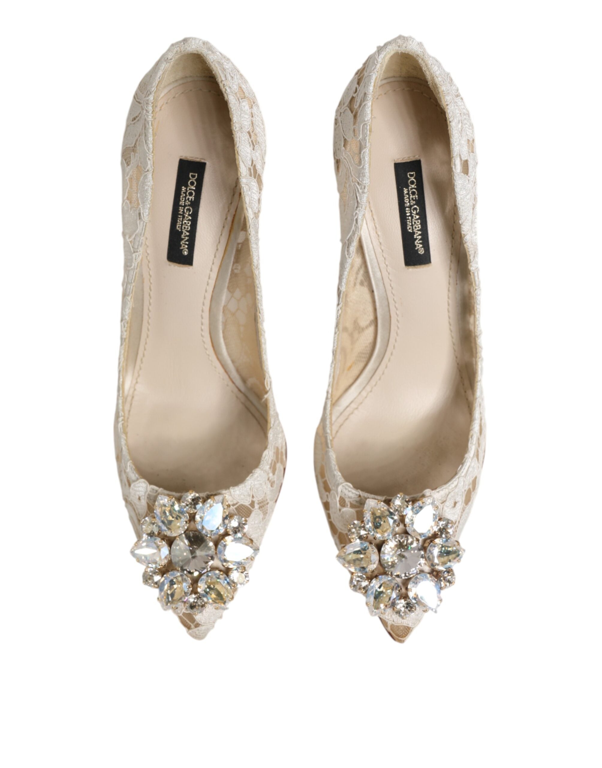 Chaussures à talons en dentelle blanche Dolce & Gabbana Taormina avec cristaux, élégantes et sophistiquées.