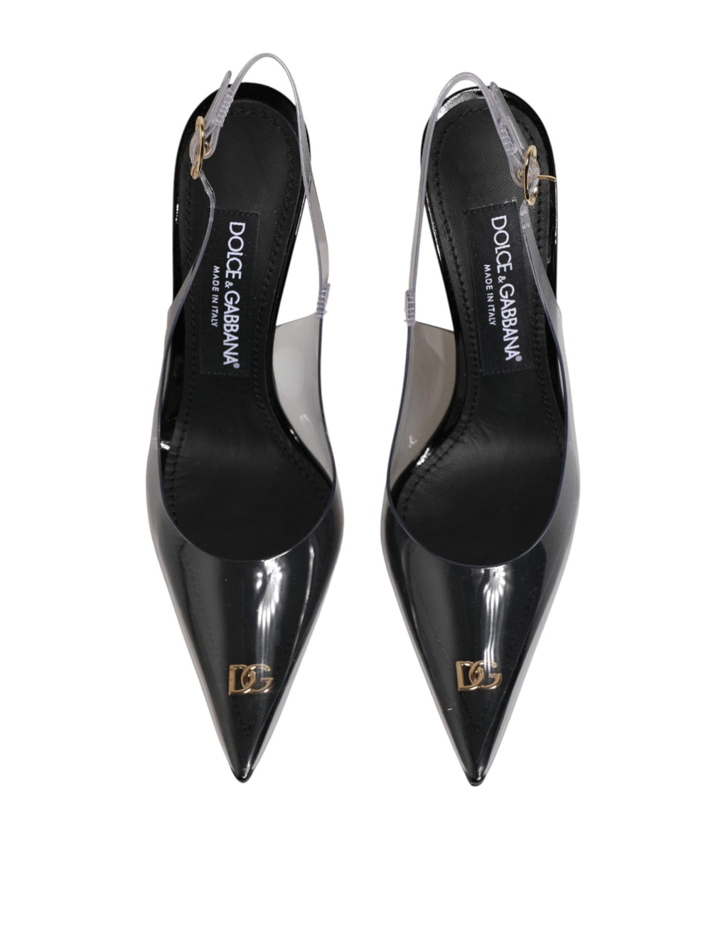Chaussures à talons Dolce & Gabbana en cuir noir avec empeigne en PVC transparent, style slingback élégante.