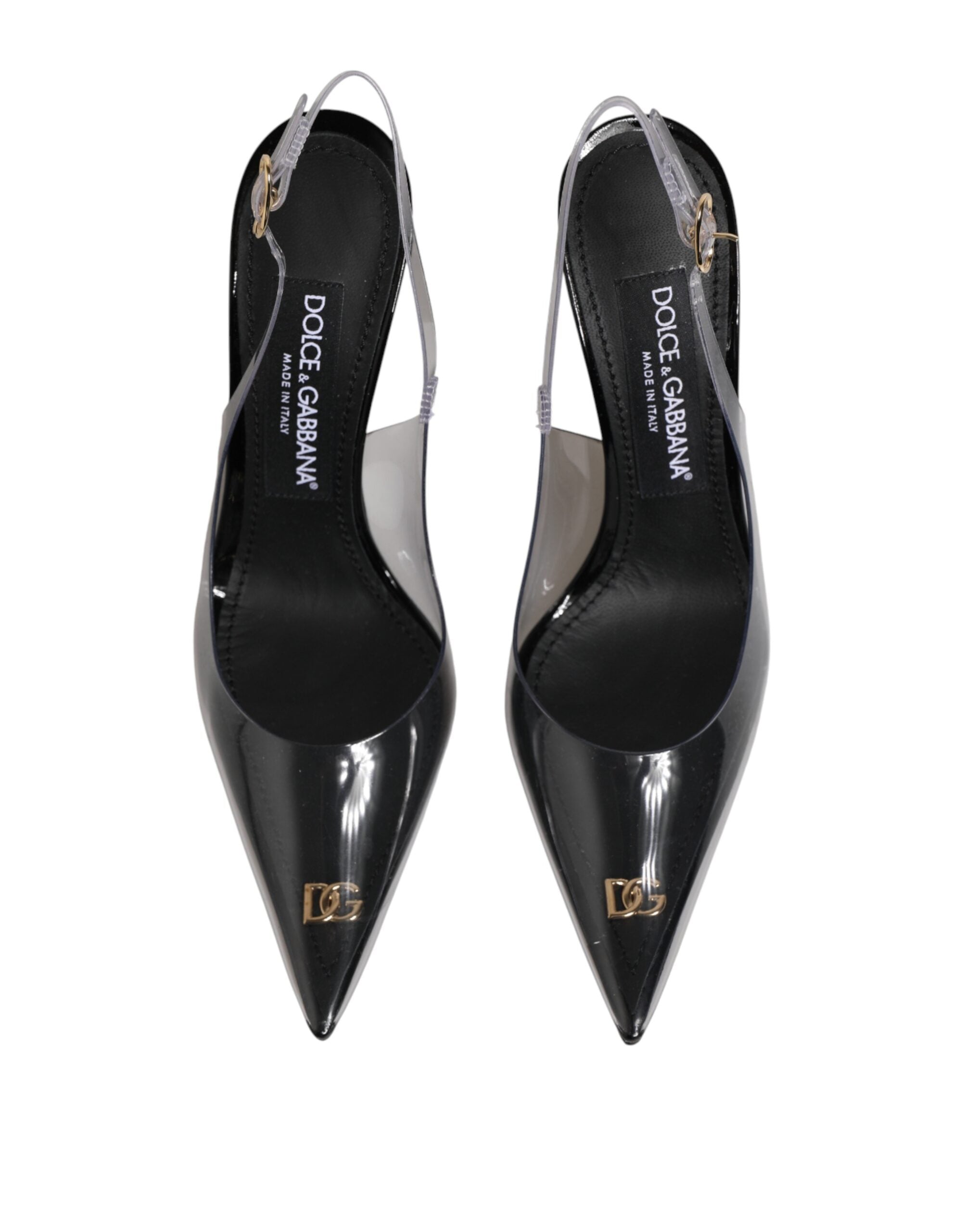 Chaussures à talons Dolce & Gabbana en cuir noir avec empeigne en PVC transparent, style slingback élégante.