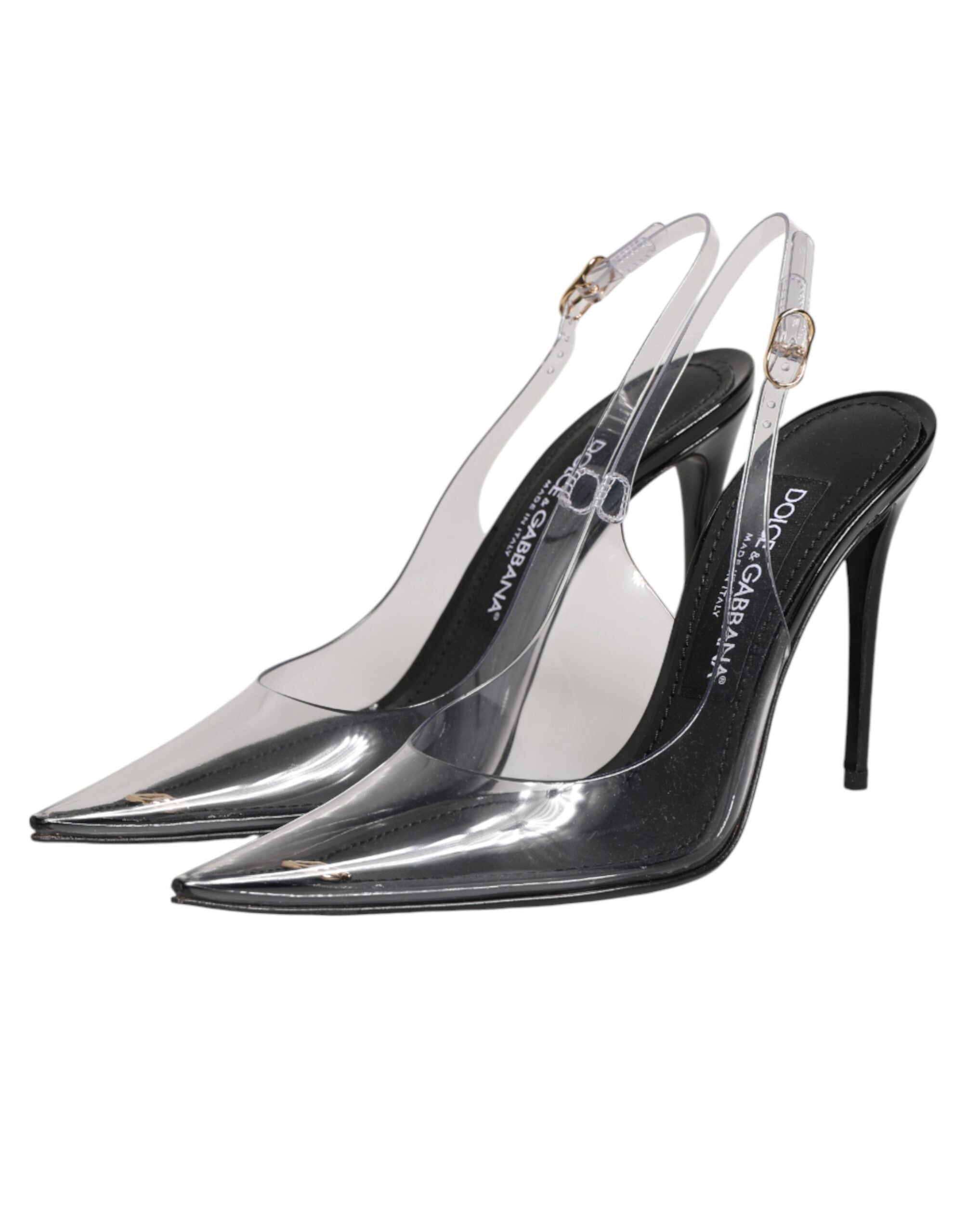 Chaussures à talons en cuir noir et PVC transparent de Dolce & Gabbana, sandales à talons avec bride arrière élégante.