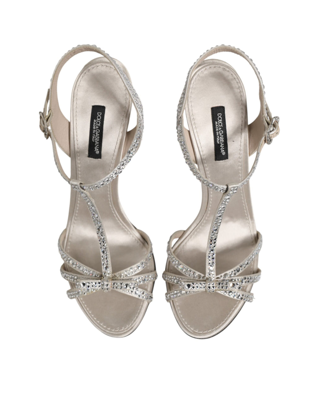 Sandales à talons Dolce & Gabbana en argent avec bride à la cheville et strass, élégantes chaussures de soirée.