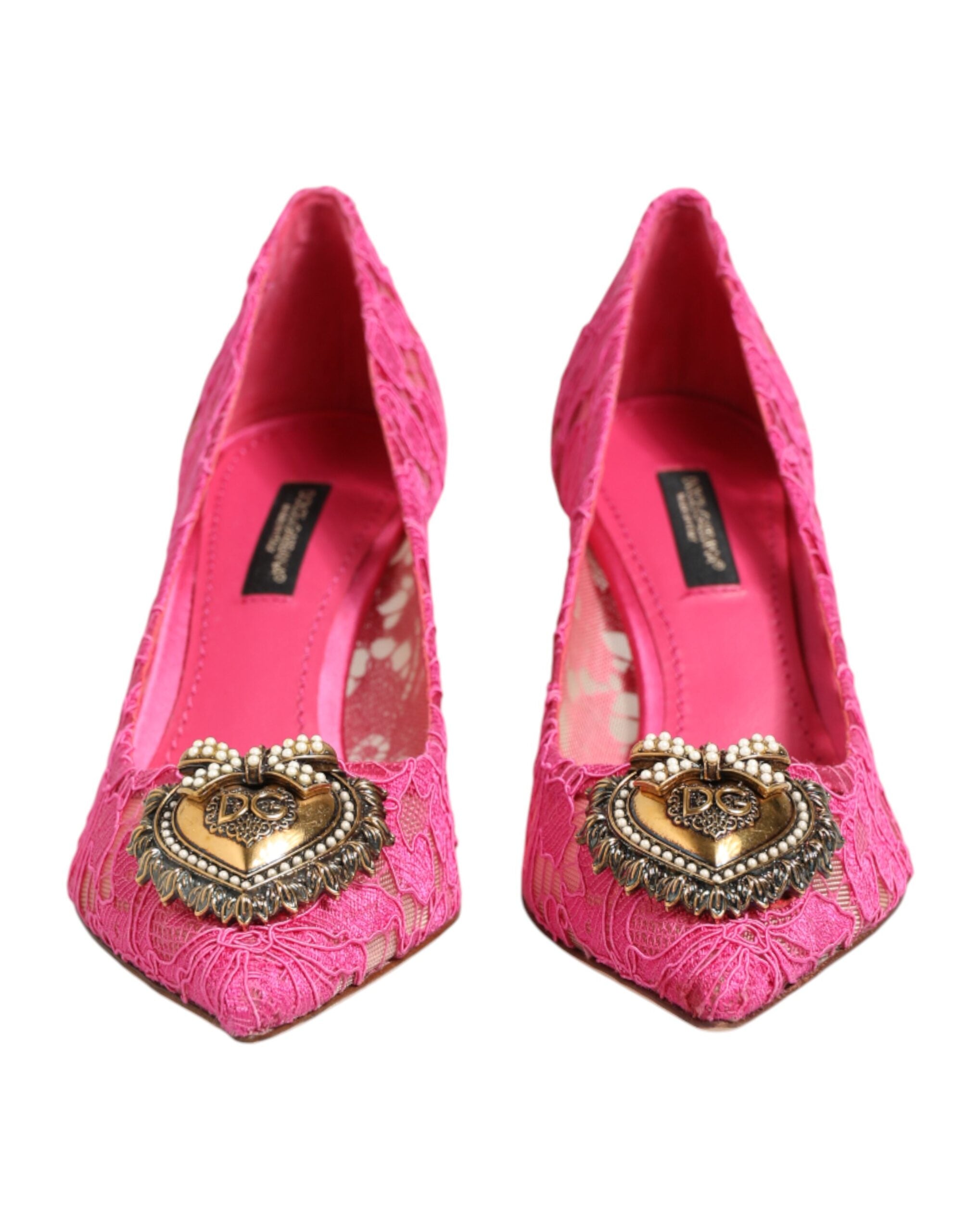 Chaussures à talons roses Dolce & Gabbana Taormina Lace DEVOTION, élégantes et raffinées, en dentelle fine.