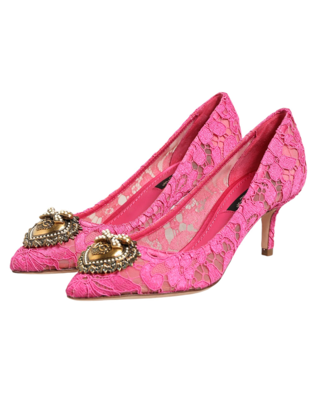 Chaussures à talons rose Dolce & Gabbana Taormina Lace DEVOTION, élégantes et détaillées avec dentelle raffinée.