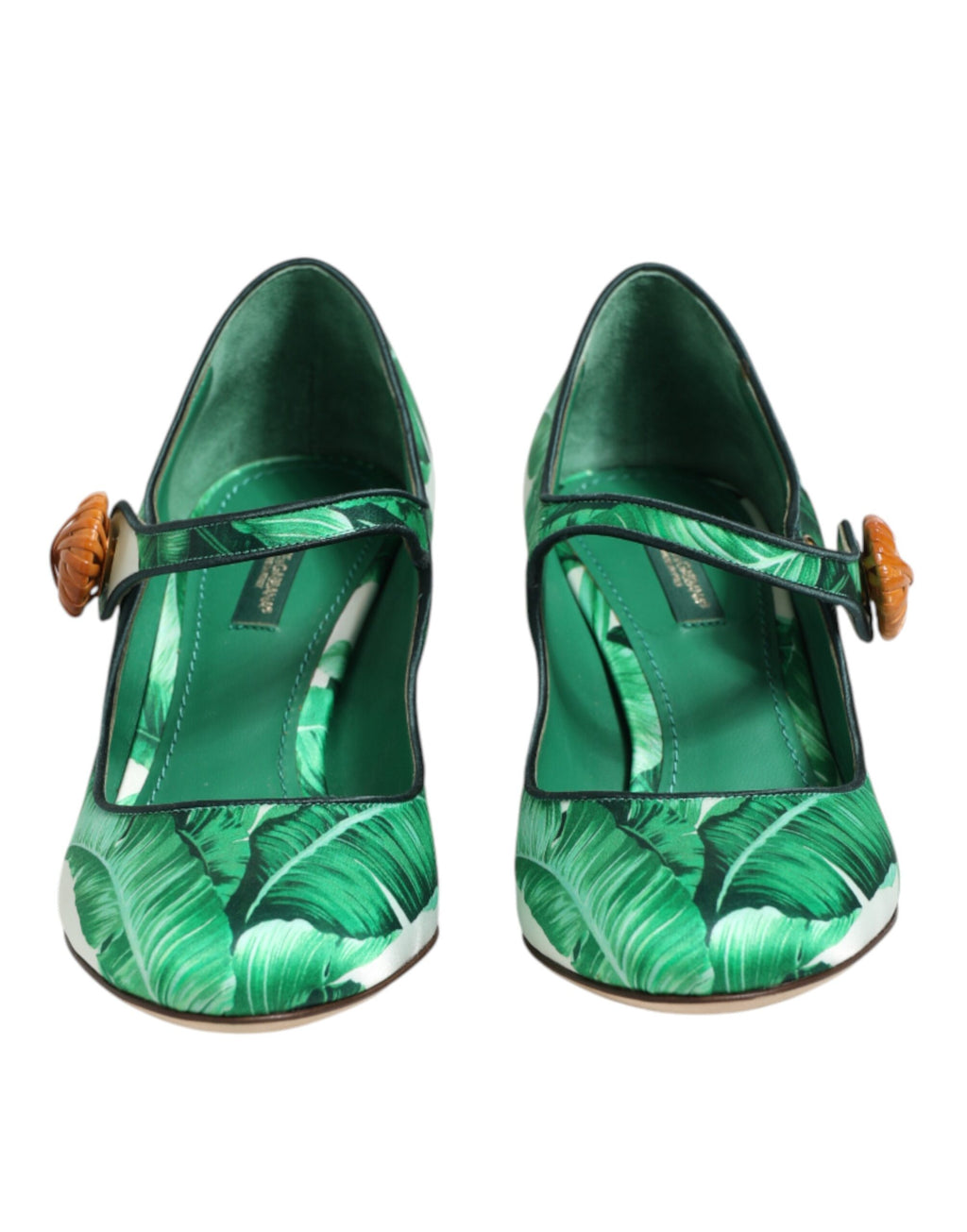 Sandales vertes en soie Dolce & Gabbana MARY JANES avec motif de feuilles, chaussures élégantes et confortables.