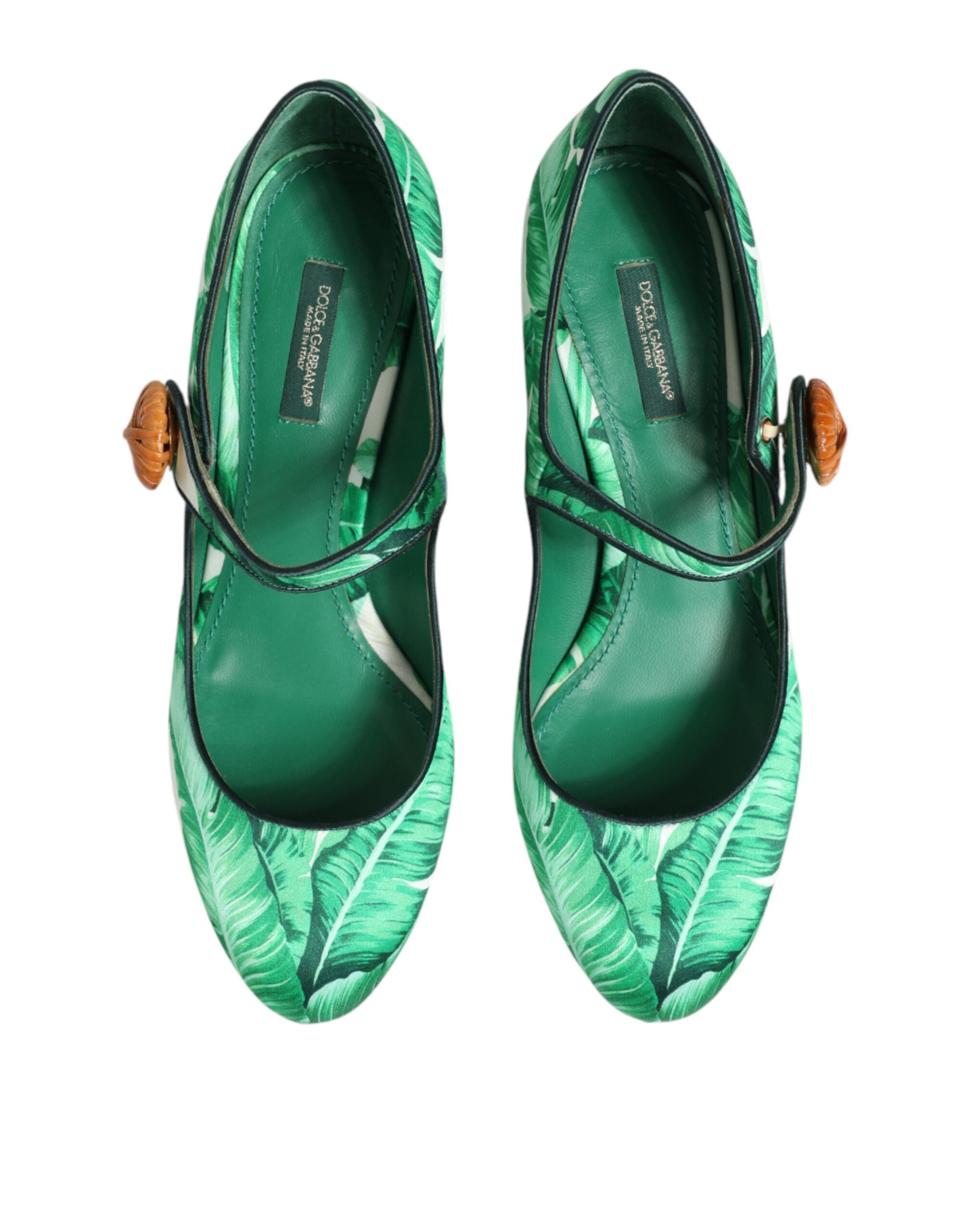 Sandales Mary Janes en soie verte Dolce & Gabbana avec motif de feuilles, chaussures élégantes pour femme.