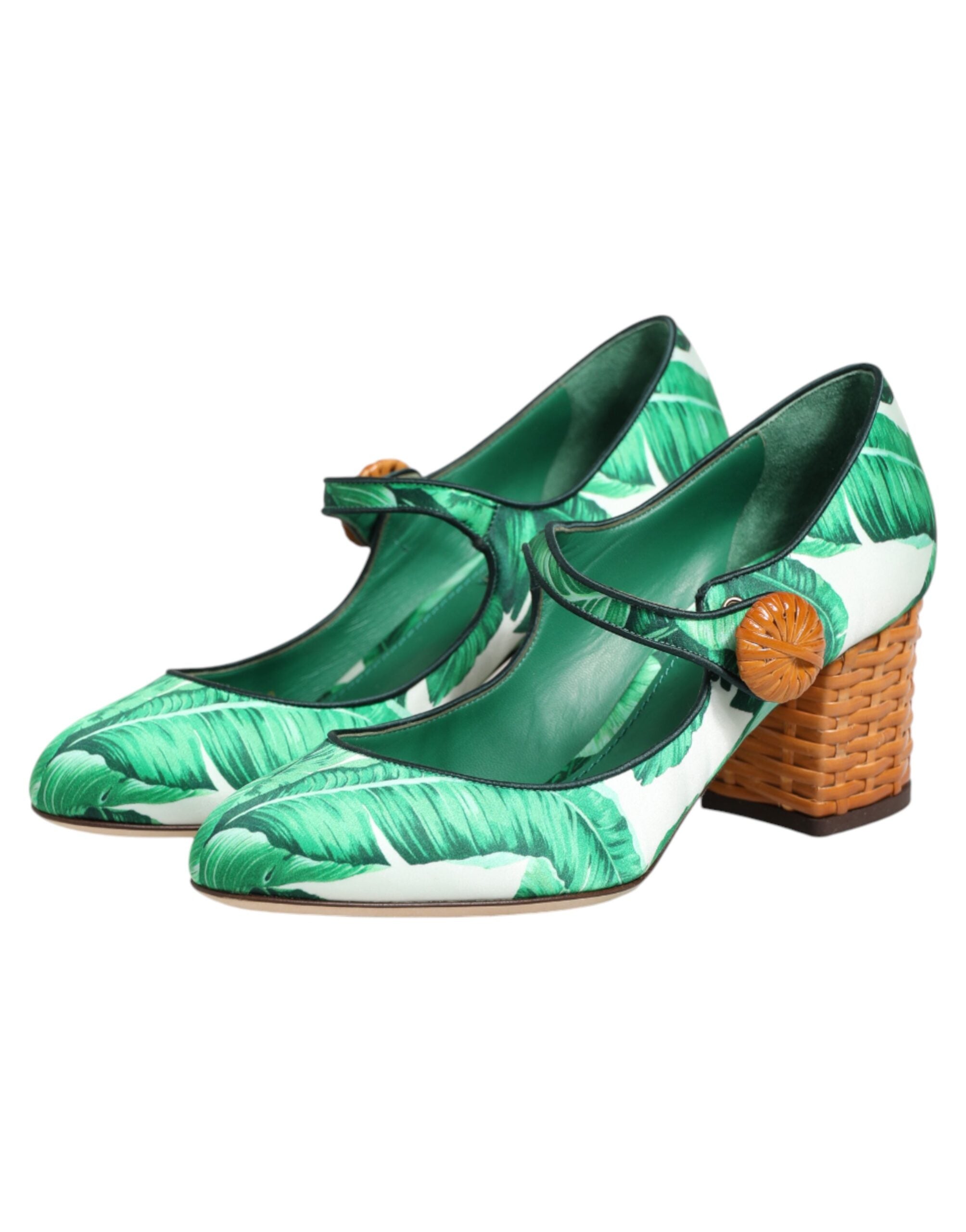 Sandales Mary Jane en soie verte Dolce & Gabbana avec motif de feuilles, chaussures élégantes et sophistiquées.