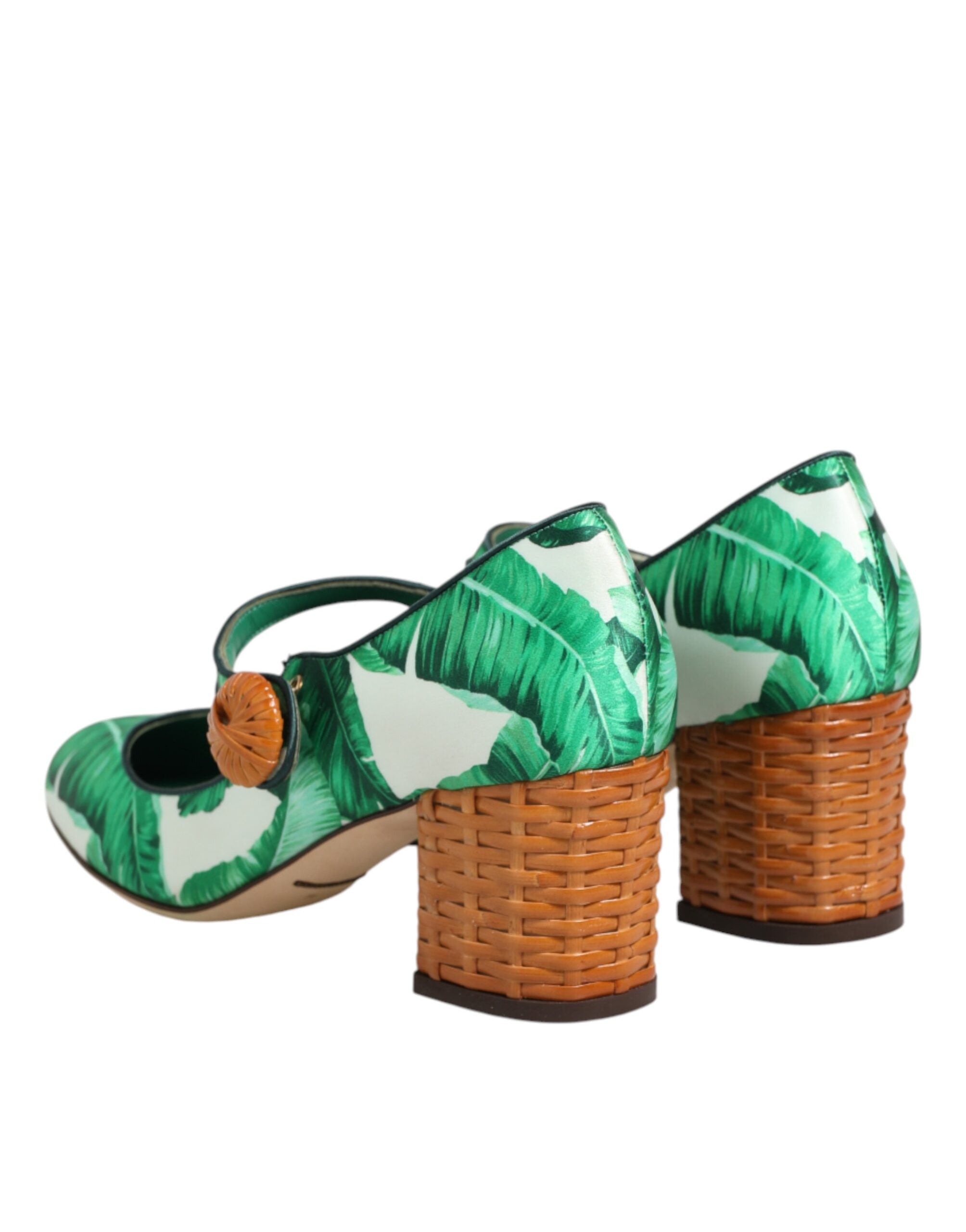 Sandales Mary Janes en soie verte de Dolce & Gabbana avec motif de feuilles, chaussures élégantes pour femmes.