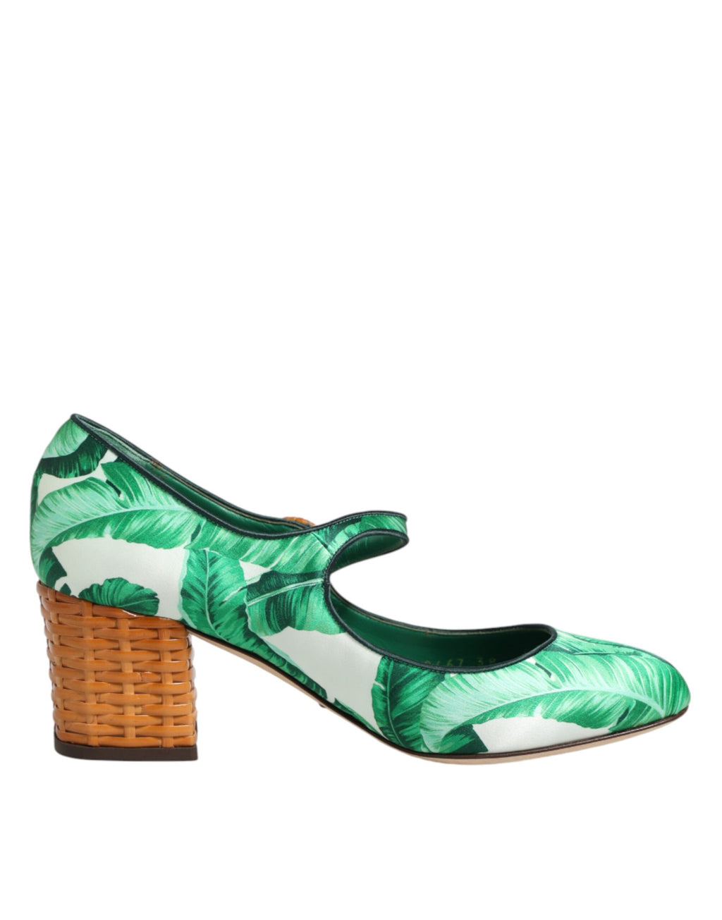 Sandales Mary Janes en soie verte Dolce & Gabbana avec motifs de feuilles, chaussures élégantes en style sophistiqué.