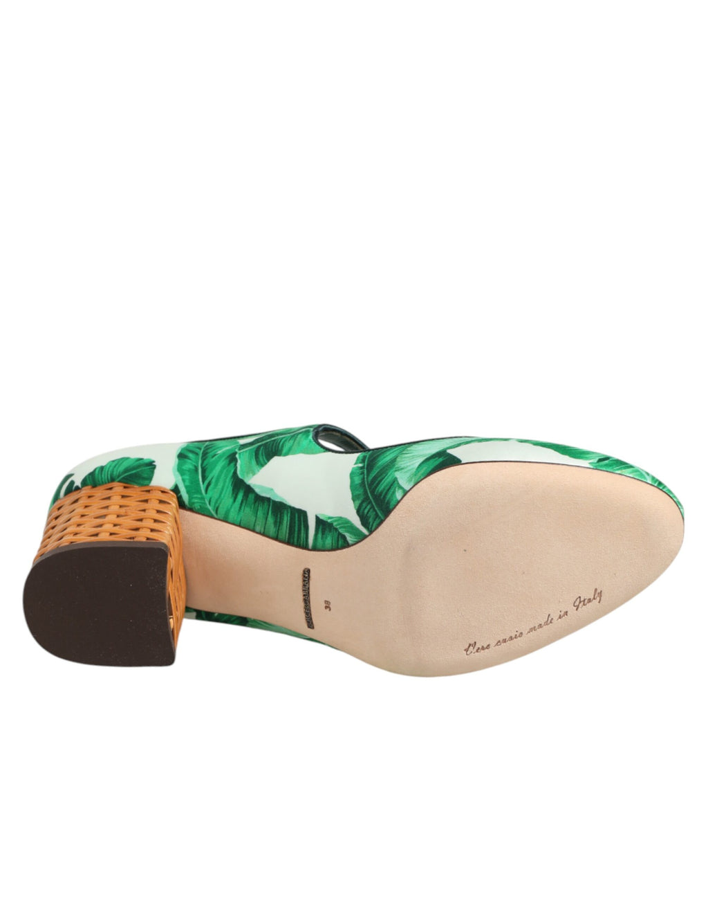 Sandales vertes en soie Dolce & Gabbana Mary Janes avec détails de feuilles, chaussures élégantes pour femmes.