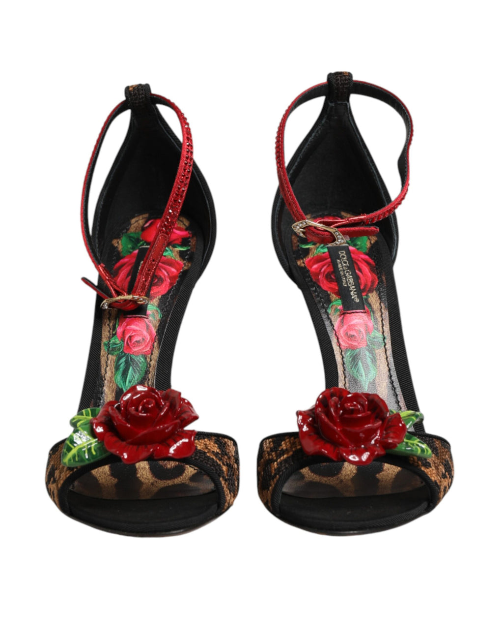 Sandales Dolce & Gabbana à motif léopard marron avec cristaux et roses, chaussures élégantes en cuir pour femmes.