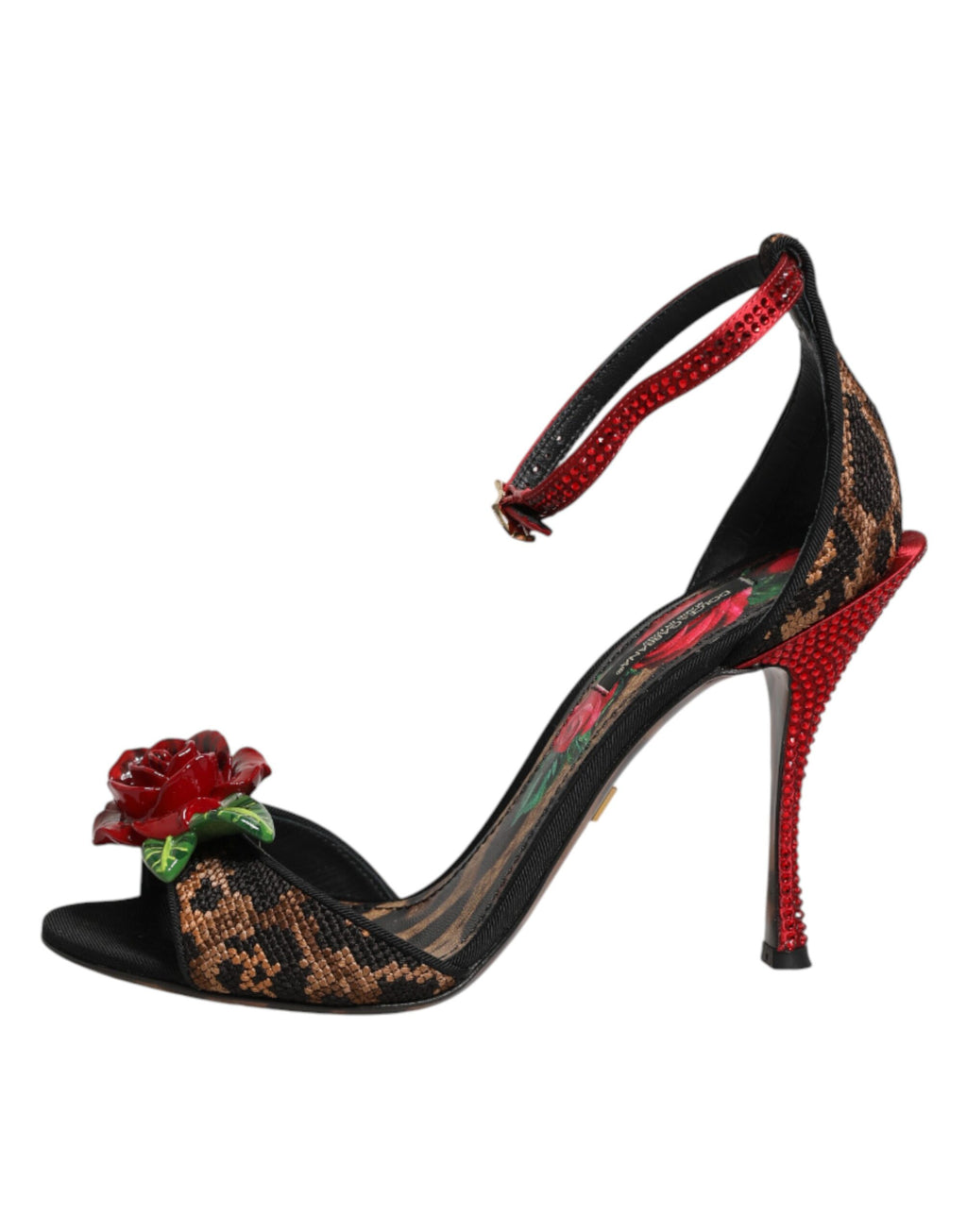 Sandales Dolce & Gabbana en cuir marron avec motif léopard, ornées de cristaux et roses, chaussures élégantes pour femmes.