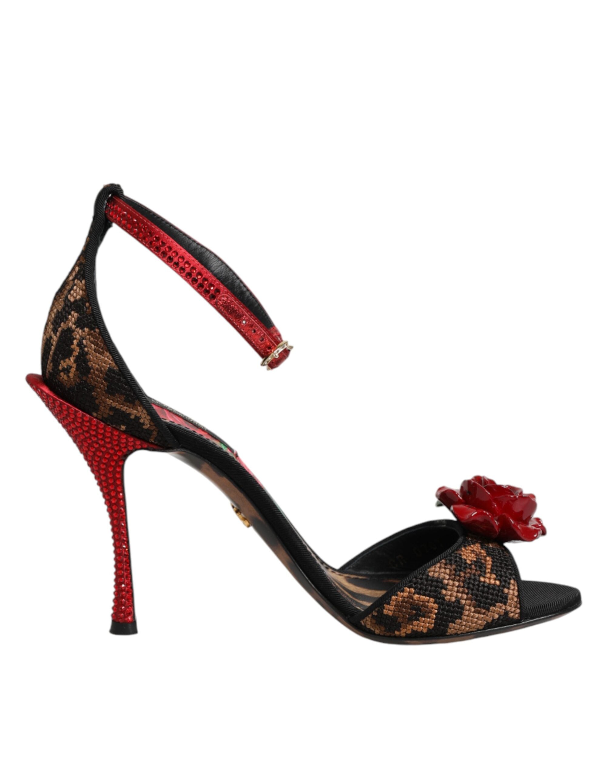 Sandales Dolce & Gabbana marron à motifs léopard avec cristaux et roses, chaussures élégantes et originales.