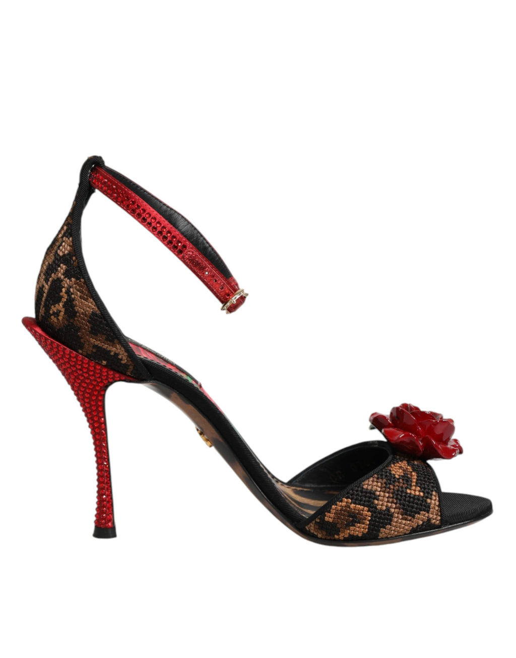 Sandales Dolce & Gabbana en cuir marron avec motif léopard, ornées de cristaux et roses, style élégant et sophistiqué.