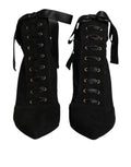 Chaussures Dolce & Gabbana bottines à talons stilettos noires en dentelle avec laçage, vue de côté sur fond blanc.