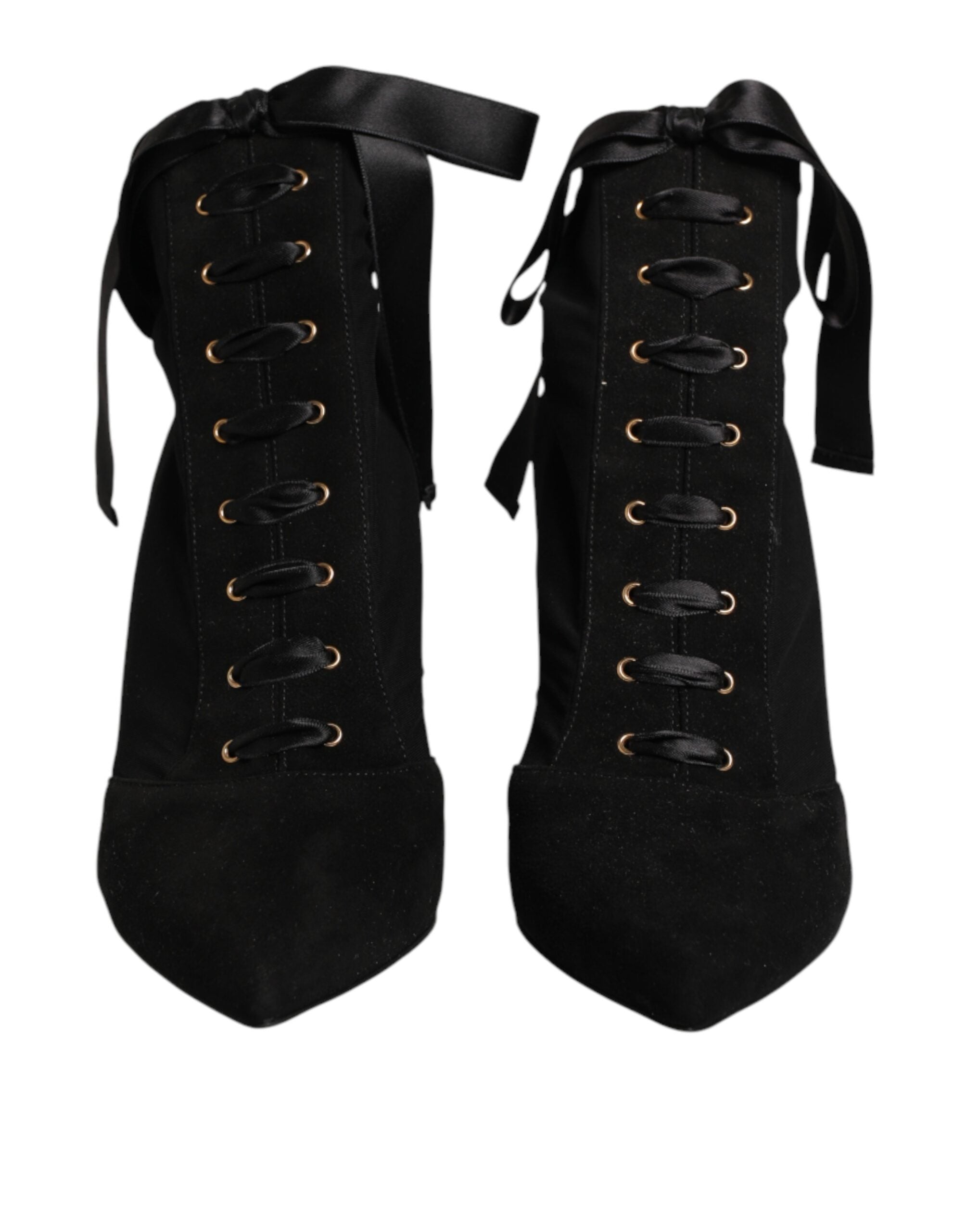 Chaussures Dolce & Gabbana bottines à talons stilettos noires en dentelle avec laçage, vue de côté sur fond blanc.