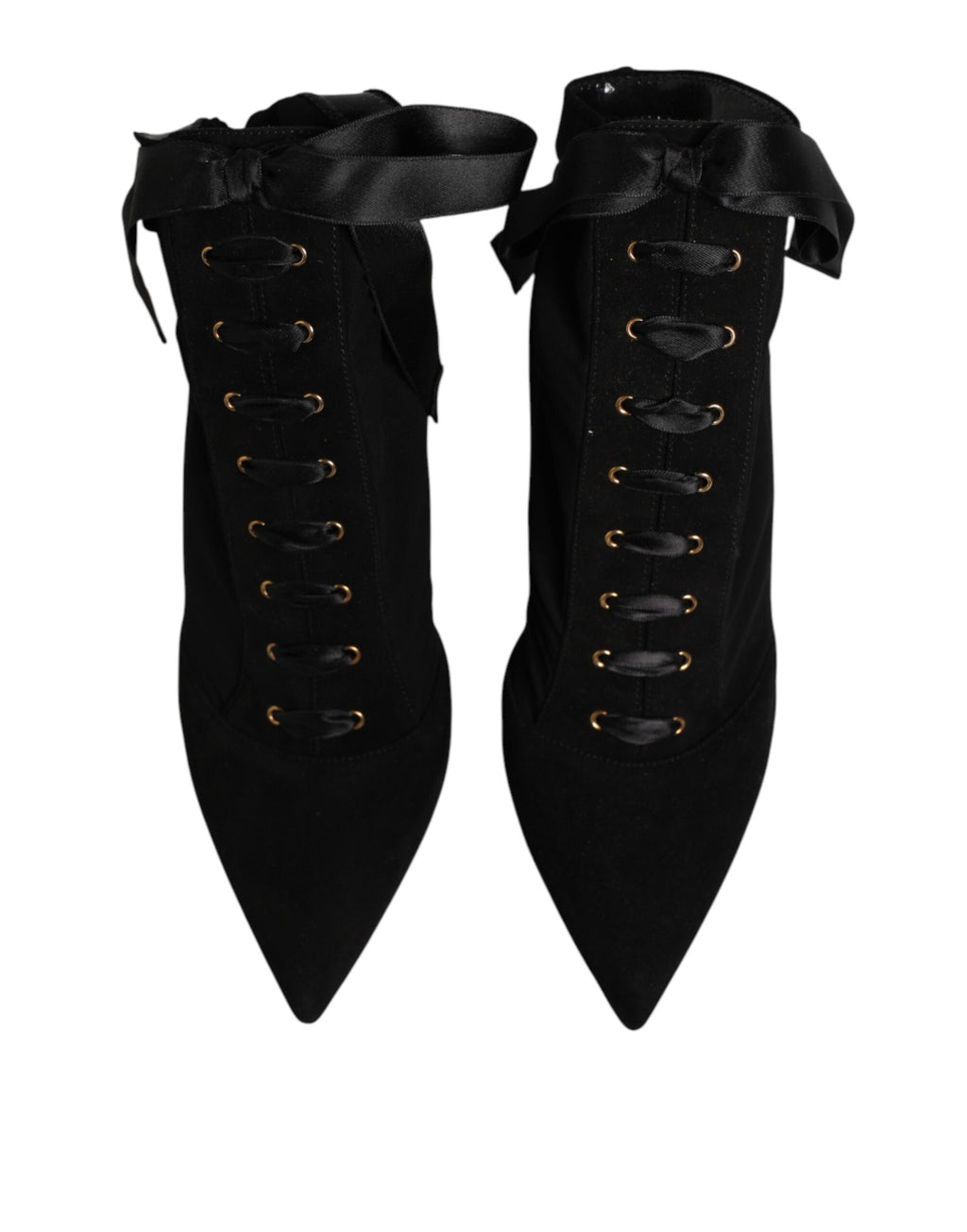 Chaussures Dolce & Gabbana, bottines à talons aiguilles noirs en dentelle avec laçage, élégantes et raffinées.
