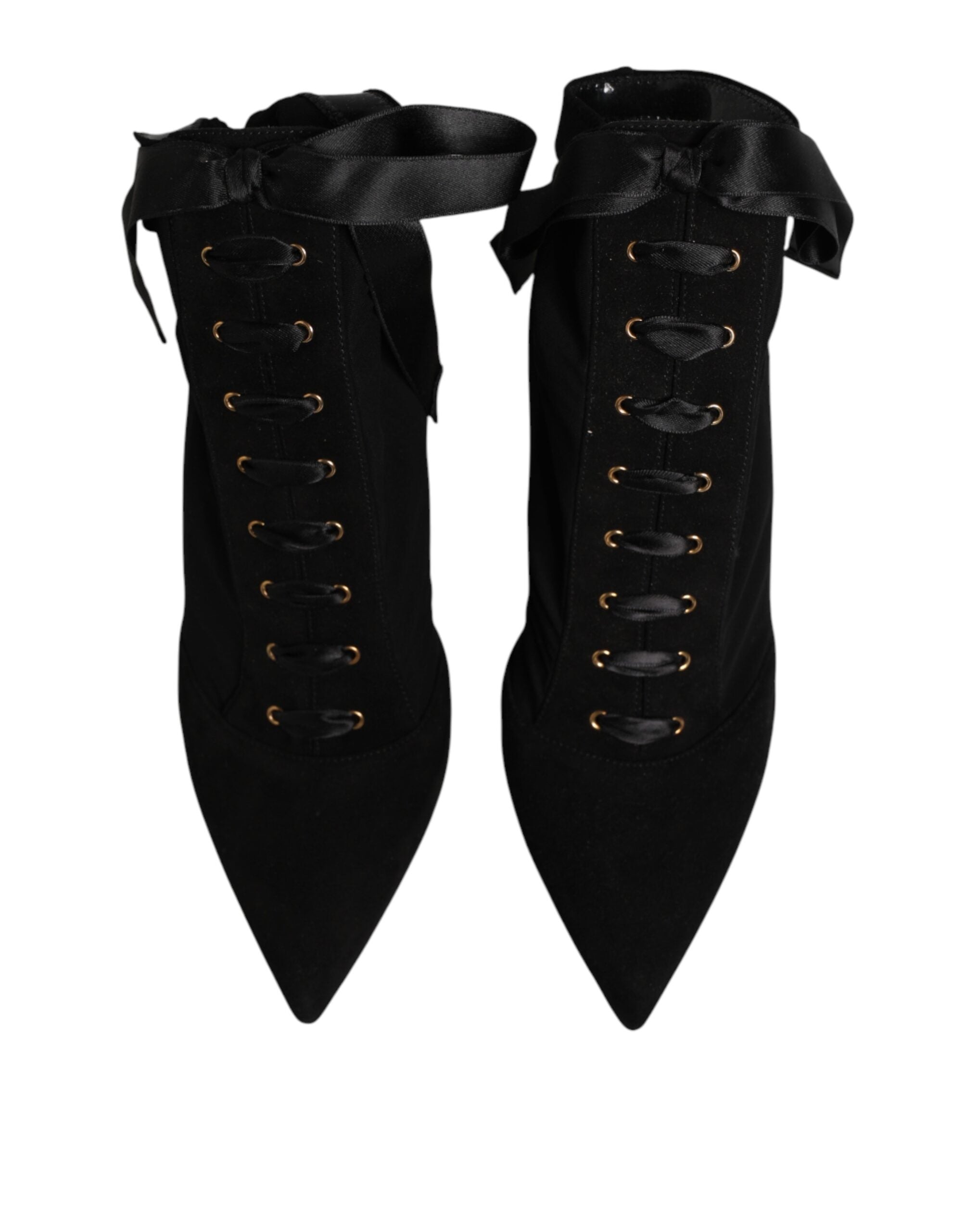 Chaussures Dolce & Gabbana, bottines à talons aiguilles noirs en dentelle avec laçage, élégantes et raffinées.