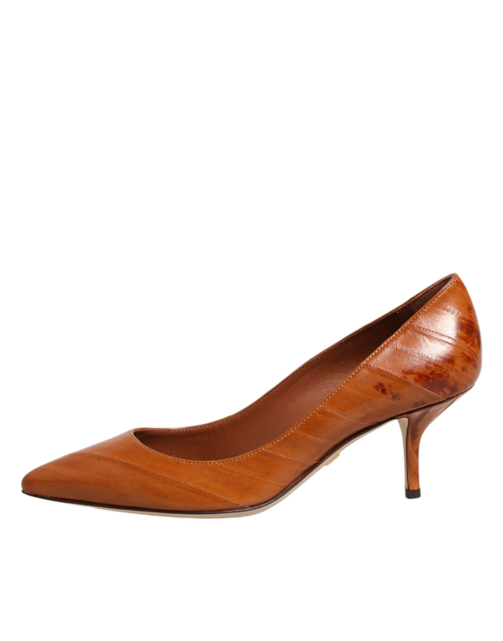 Chaussures à talons kitten Dolce & Gabbana en cuir marron, élégantes et raffinées, vues de face sur une surface neutre.