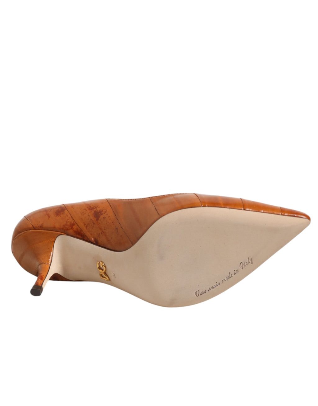 Chaussures Dolce & Gabbana en cuir marron, talons kitten, pompe élégante pour femme, vue de côté.